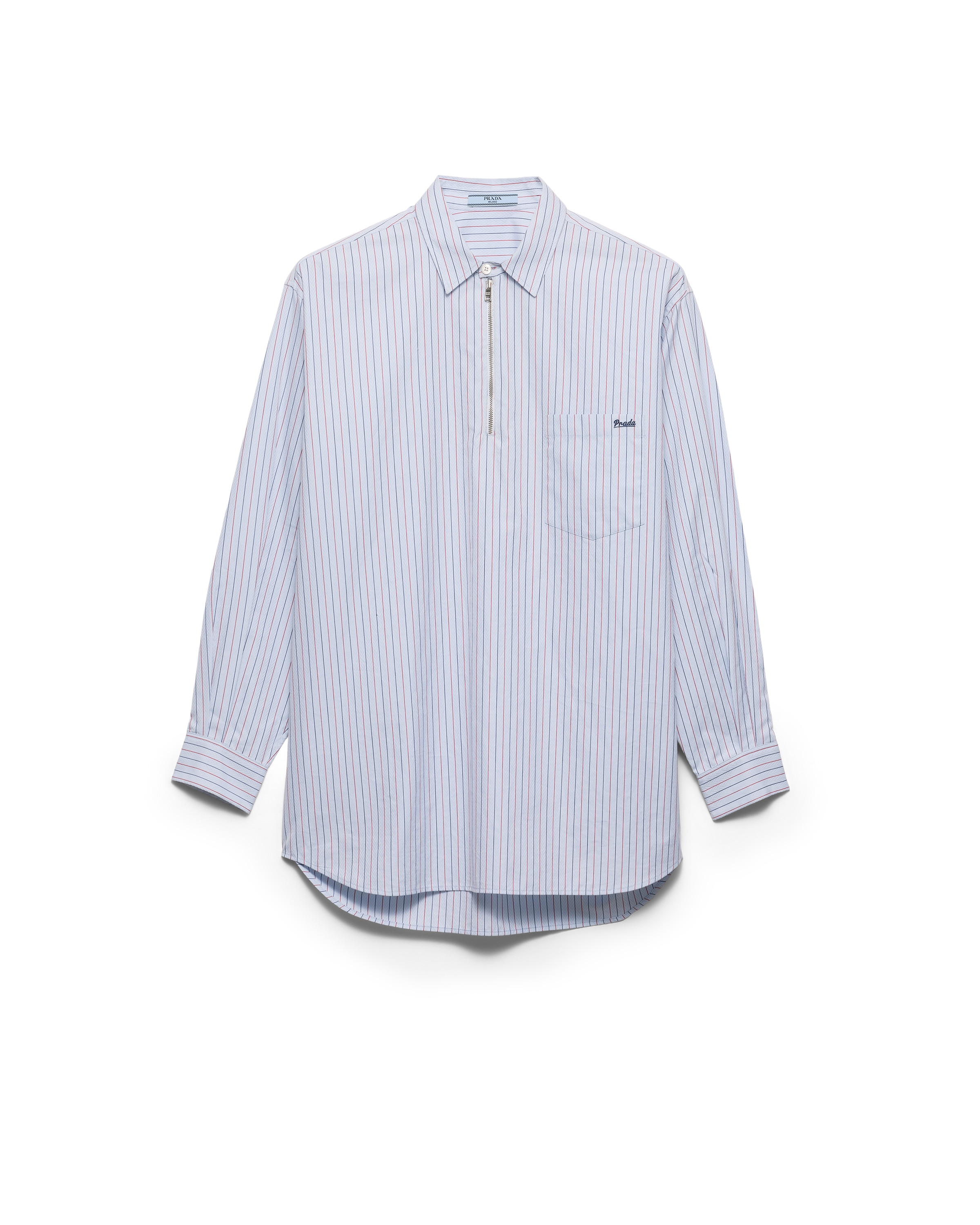 Prada Striped Cotton Shirt With Half-zipper In Light Blue