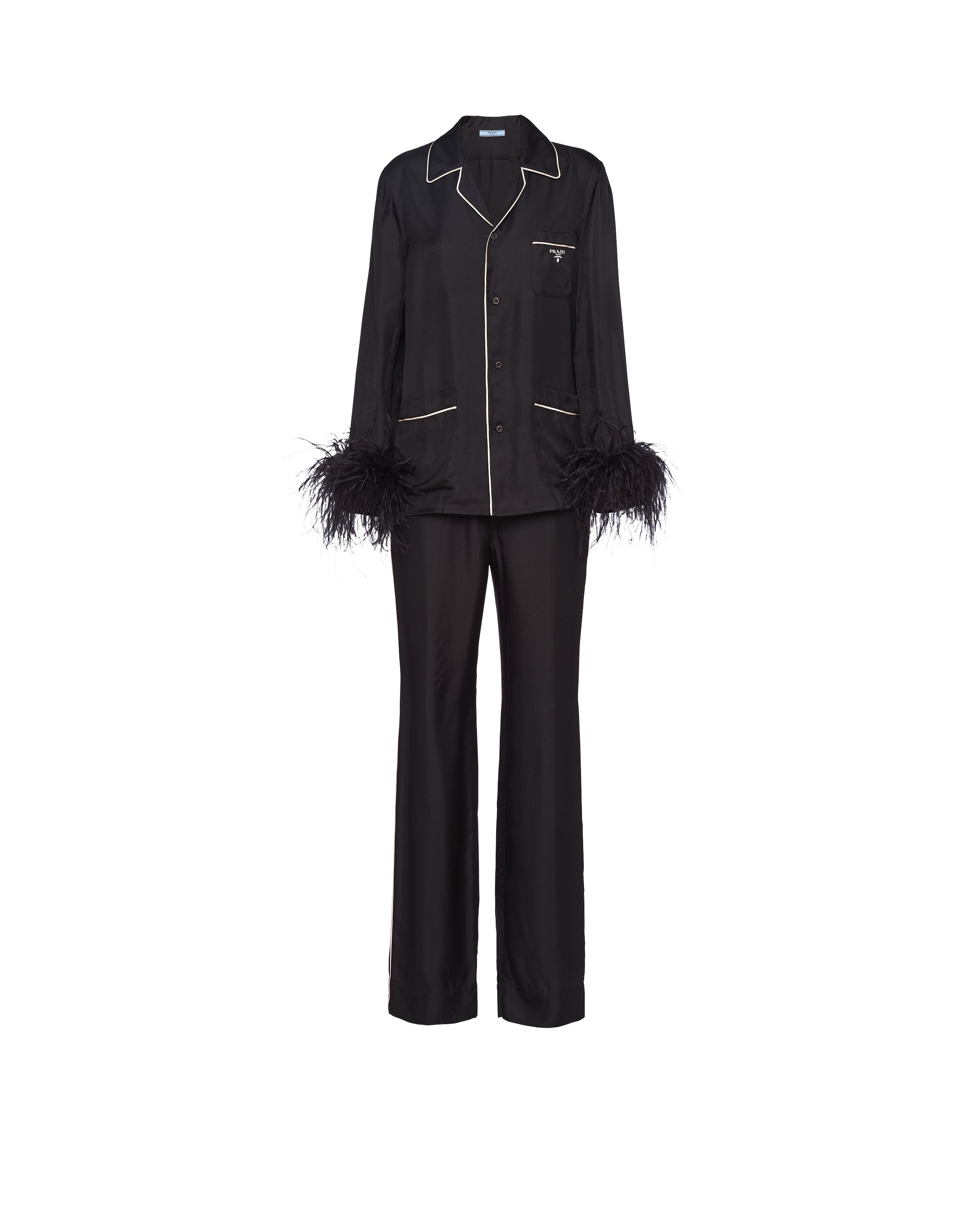 Prada Feather-trim Silk Pyjama Set In Black ModeSens
