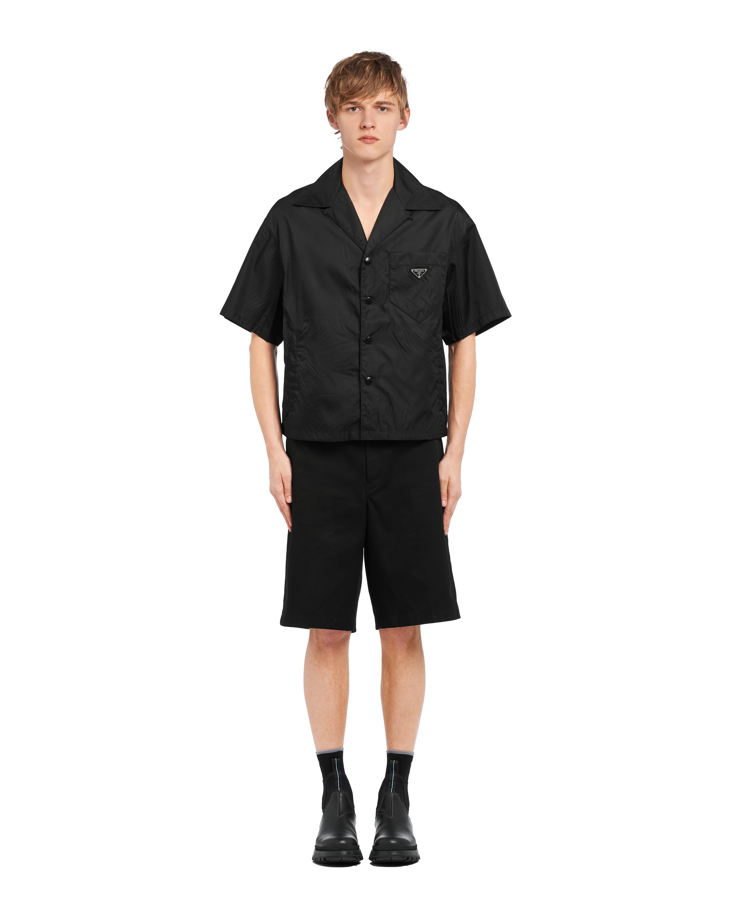 Prada Short Sleeve Collared Jacket Front Pocket In Black