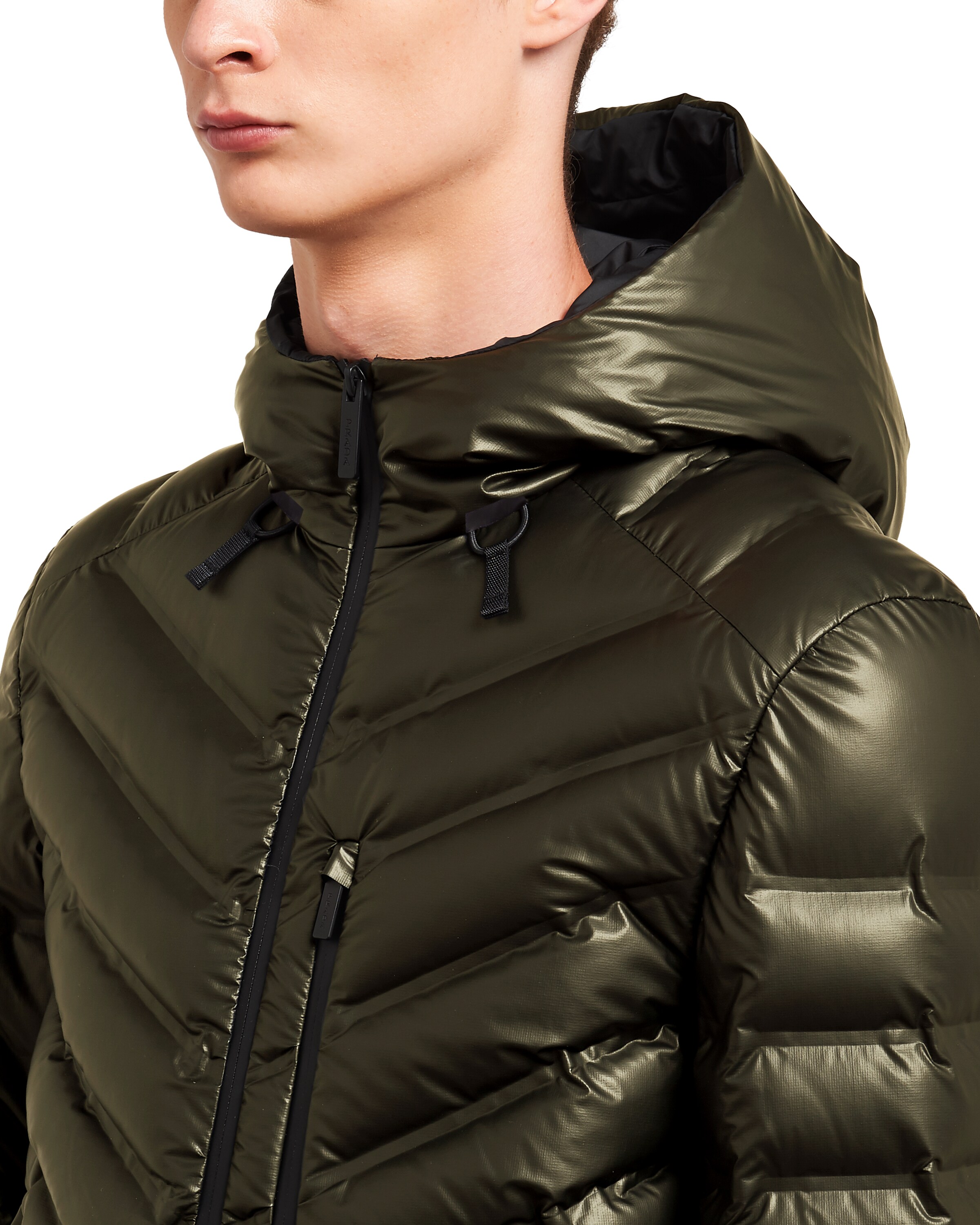 Military Green Light Nylon hooded puffer jacket Prada