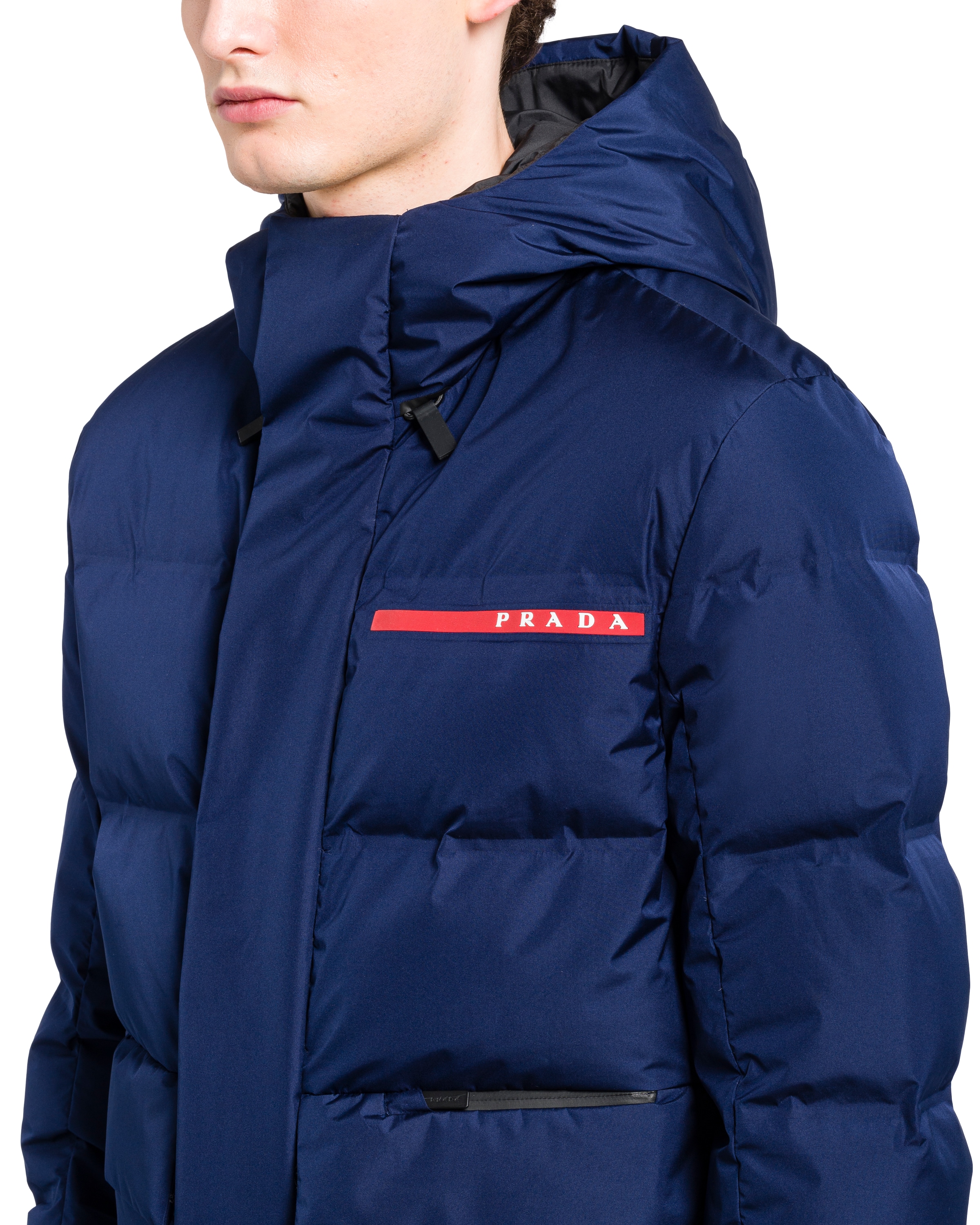 Royal Blue Light ExtremeTex hooded puffer jacket Prada
