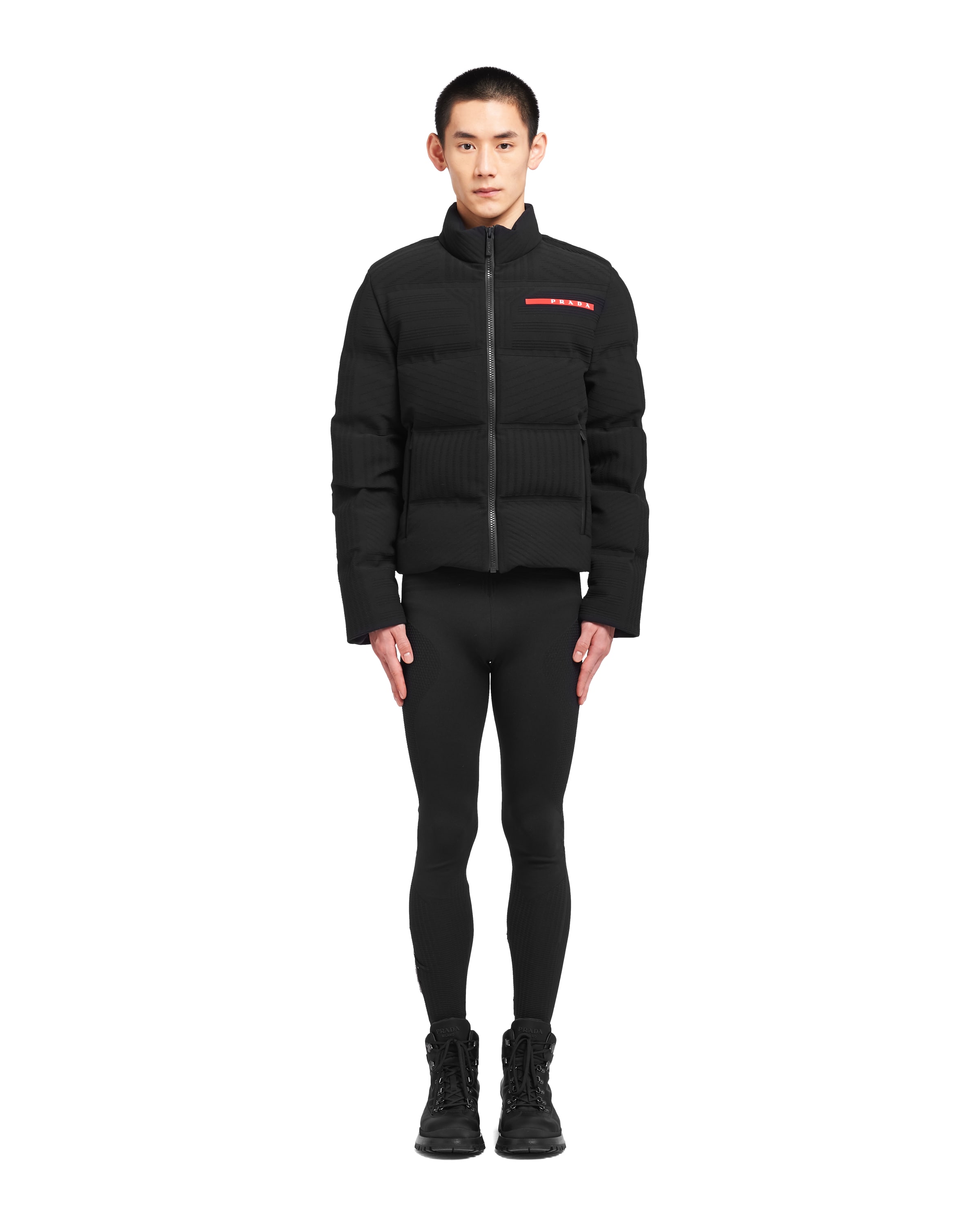 Prada Cropped Technical Knit Puffer Jacket In Black