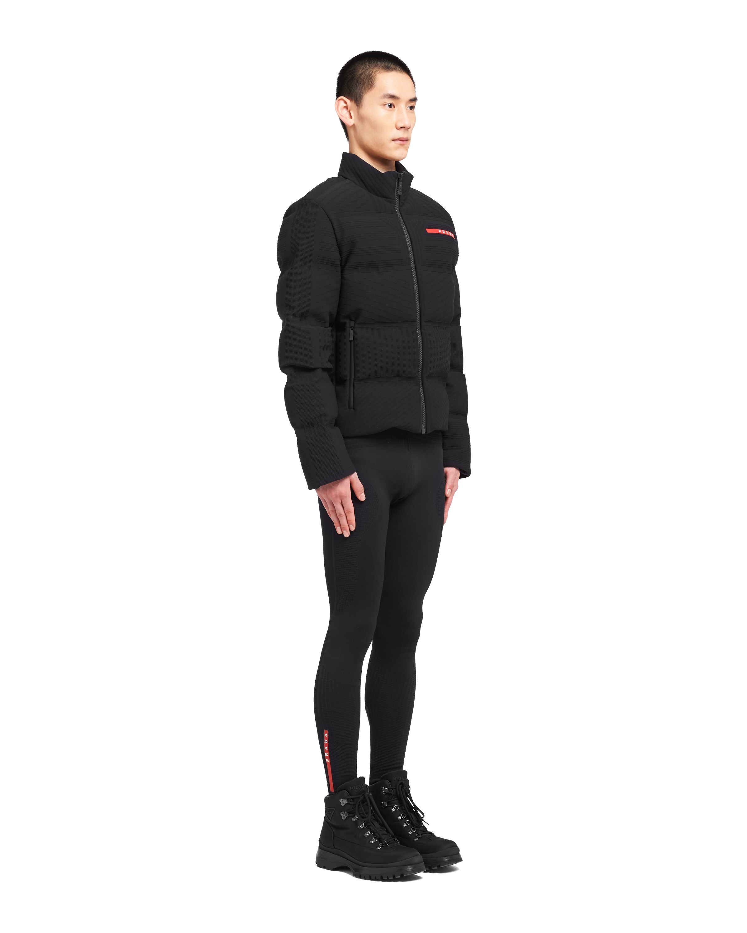 Prada Cropped Technical Knit Puffer Jacket In Black