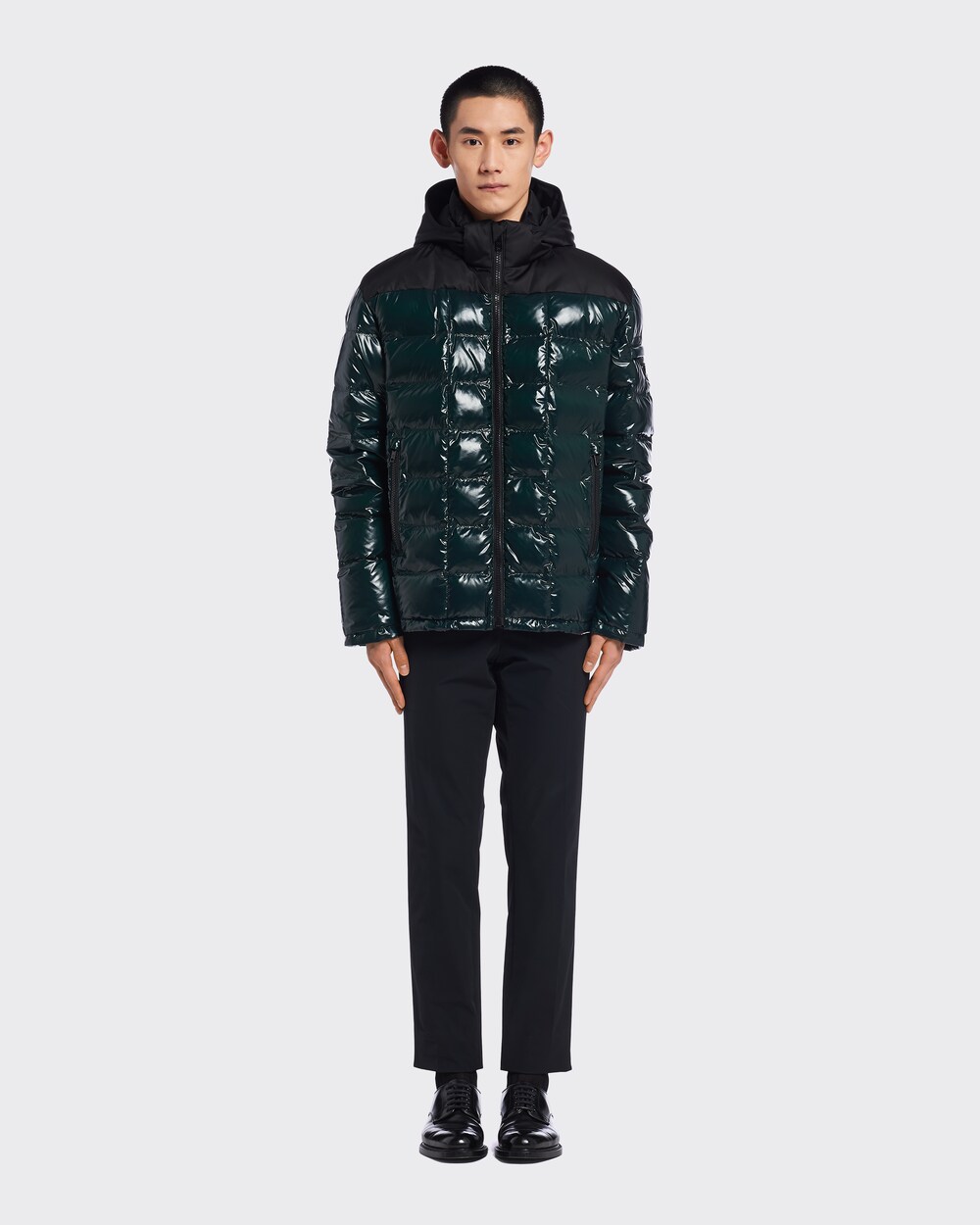 Bottle Green Hooded nylon down jacket 