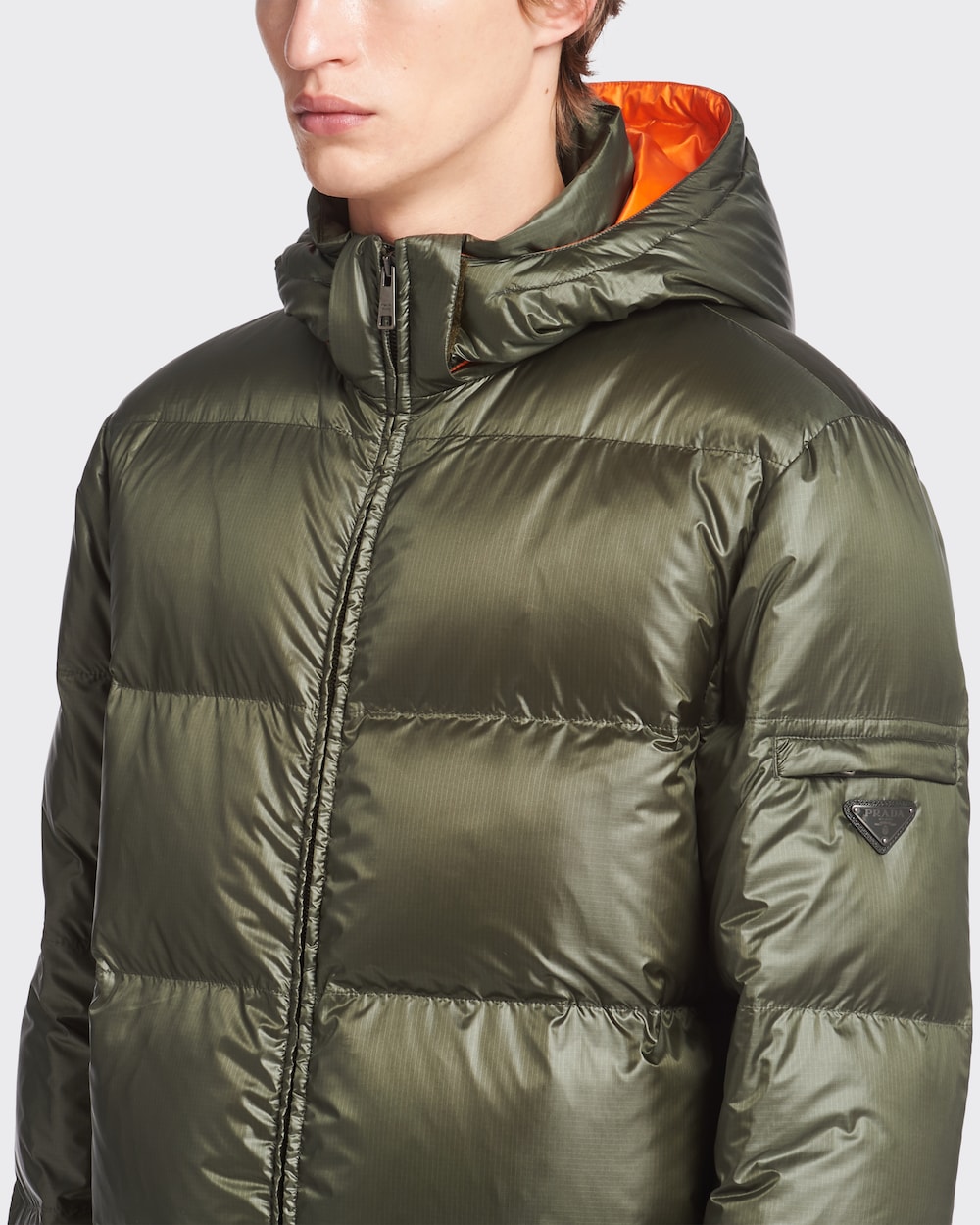 Prada Hooded Nylon Down Jacket, Men, Sage Green/Orange, Size 54