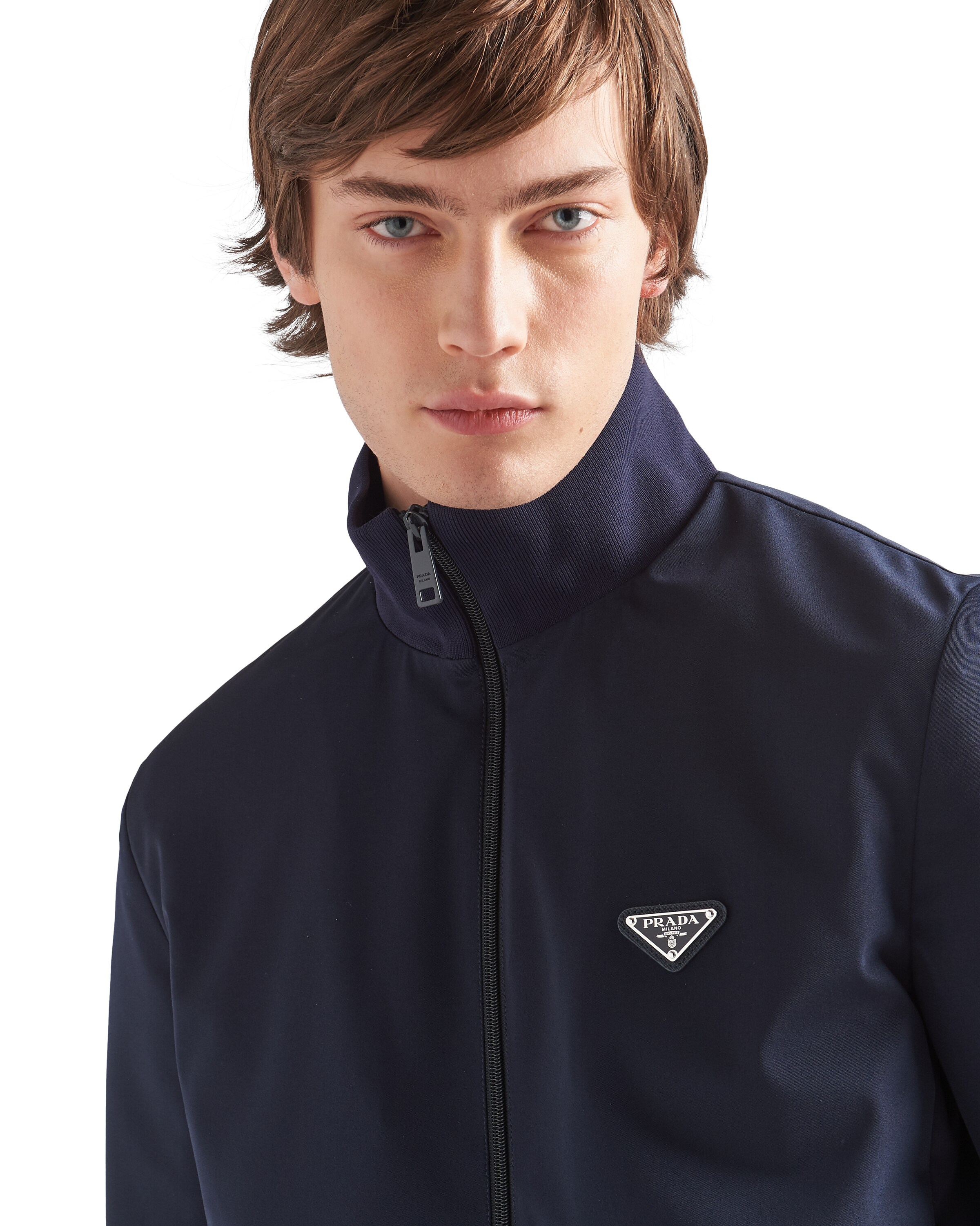 Prada Men's Stretch Technical Fabric Zipper Sweatshirt In Navy