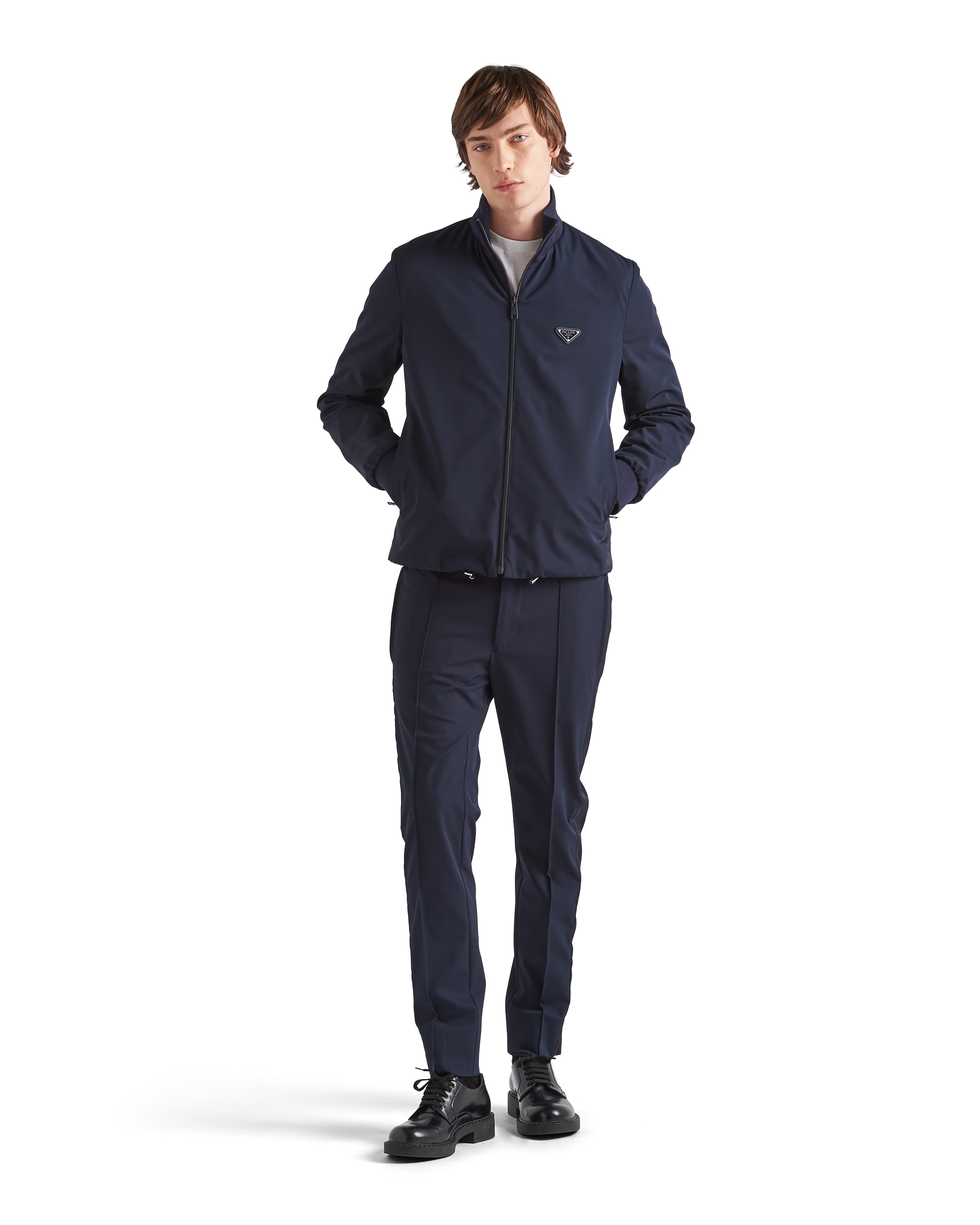 Prada Men's Stretch Technical Fabric Zipper Sweatshirt In Navy