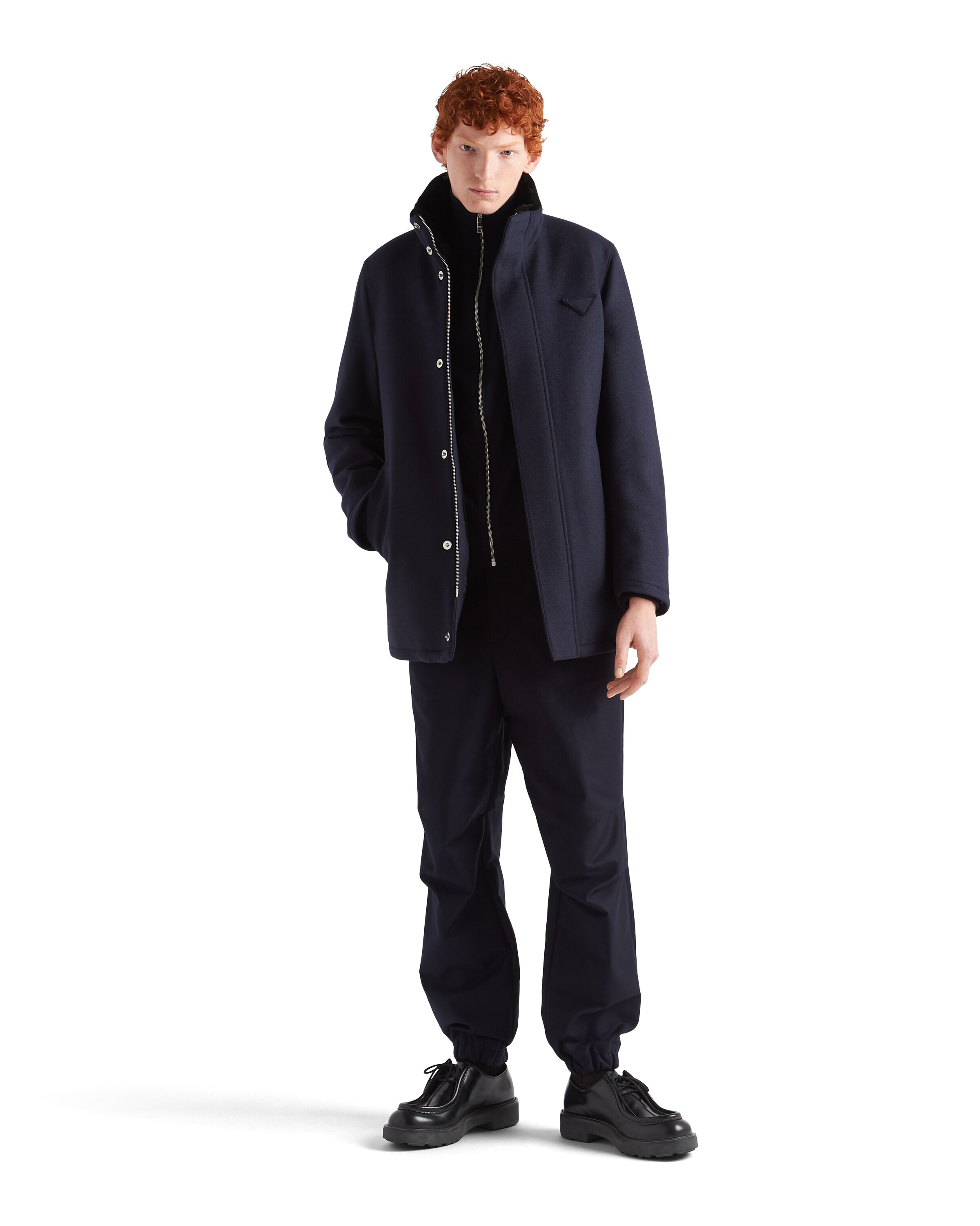 Prada Wool Blend And Shearling Jacket In Navy
