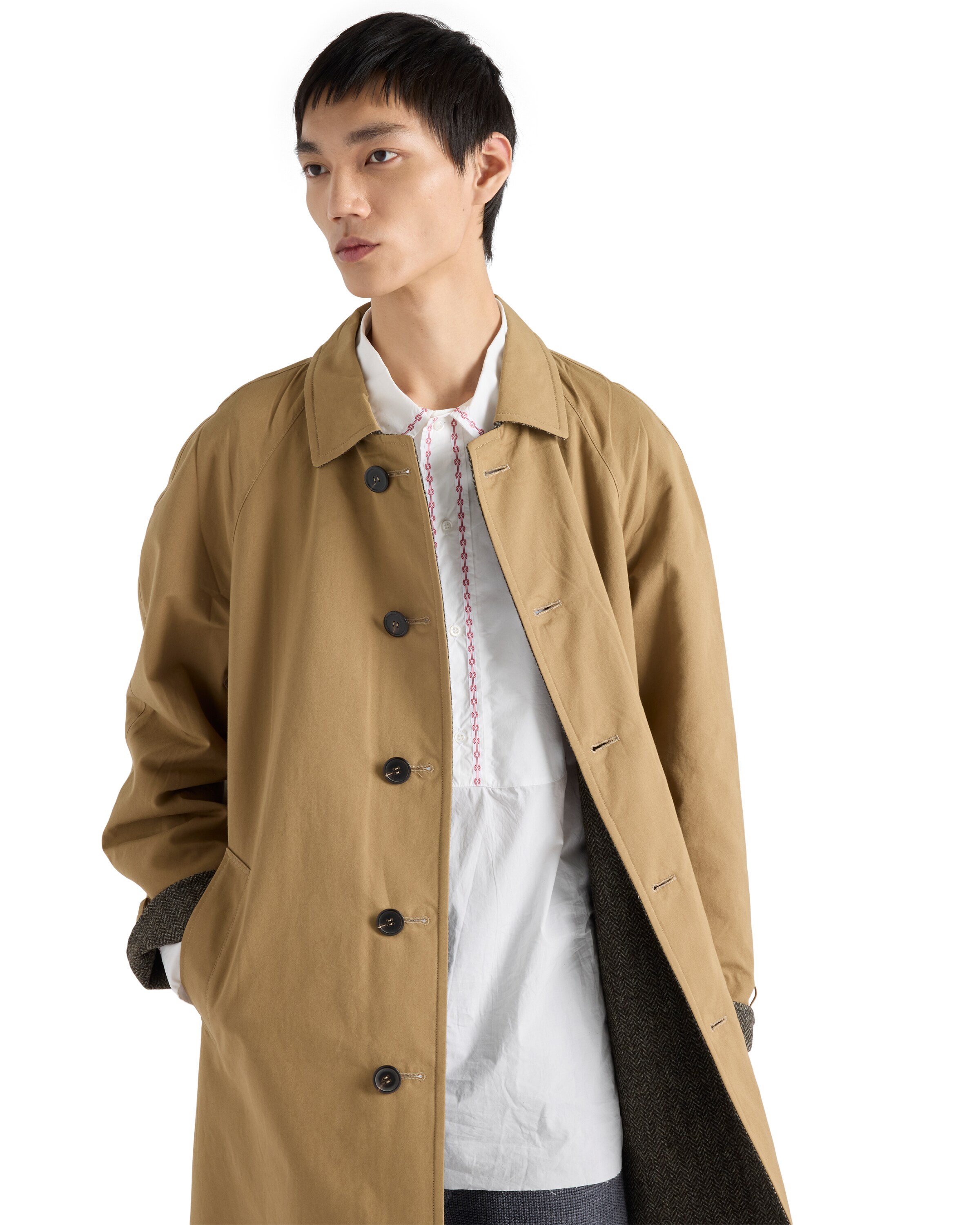 Prada Button Triangle Logo Cotton Coat In Brown