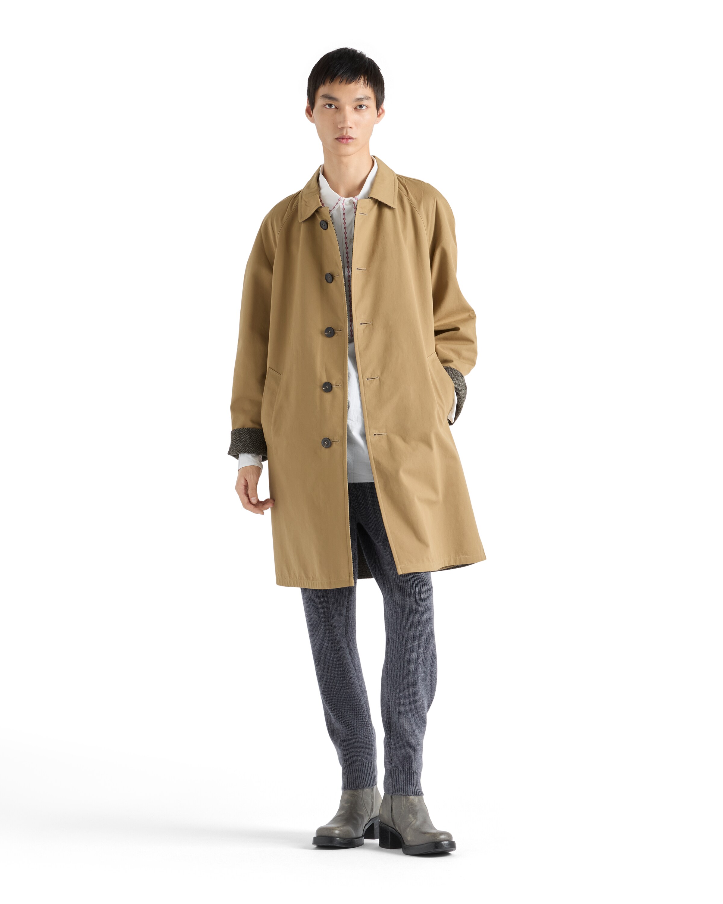 Prada Button Triangle Logo Cotton Coat In Brown