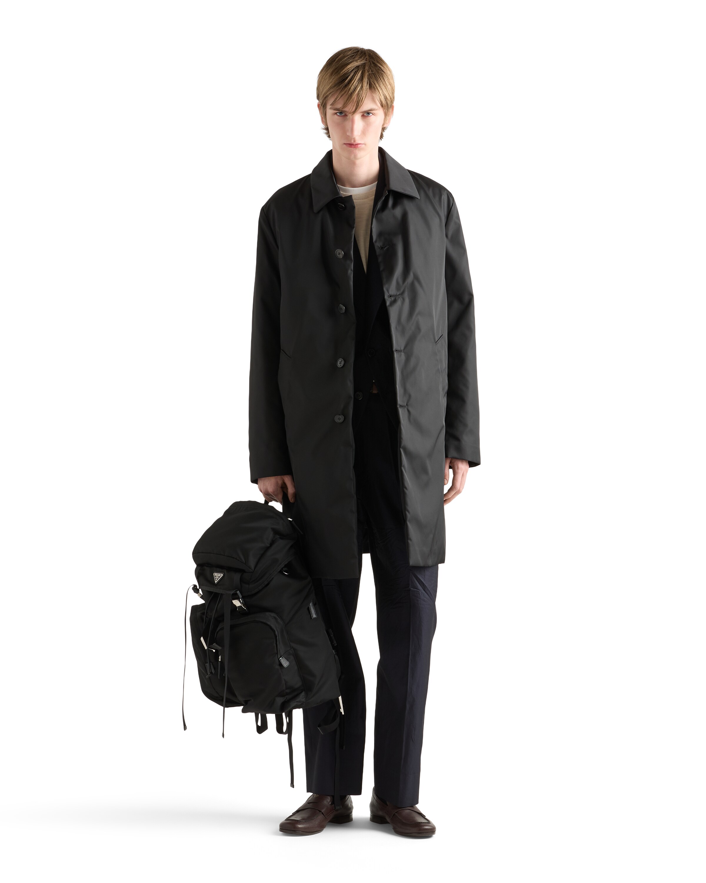 Prada Re-nylon Overcoat In Black