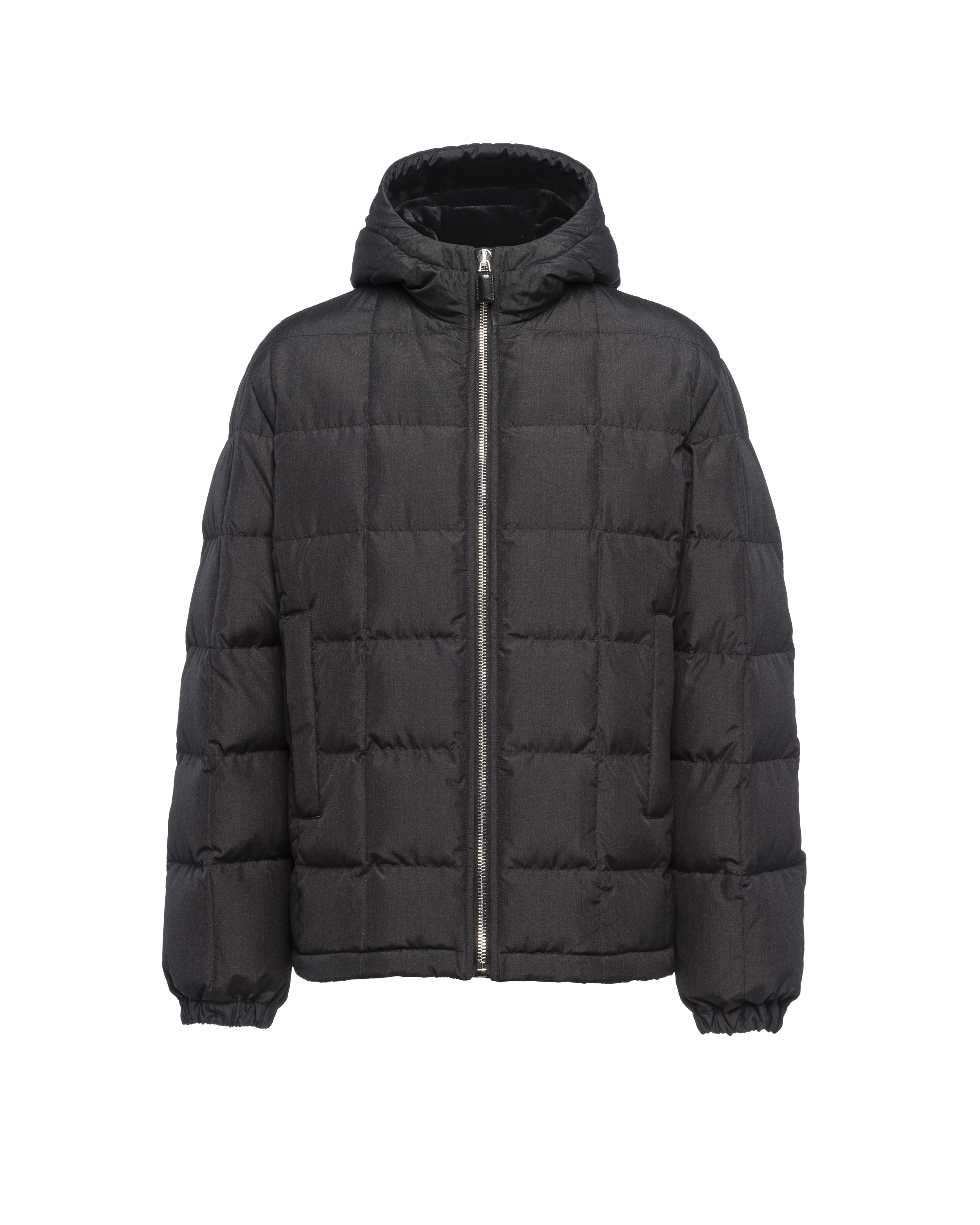 Anthracite Gray Medium length silk puffer jacket | Prada