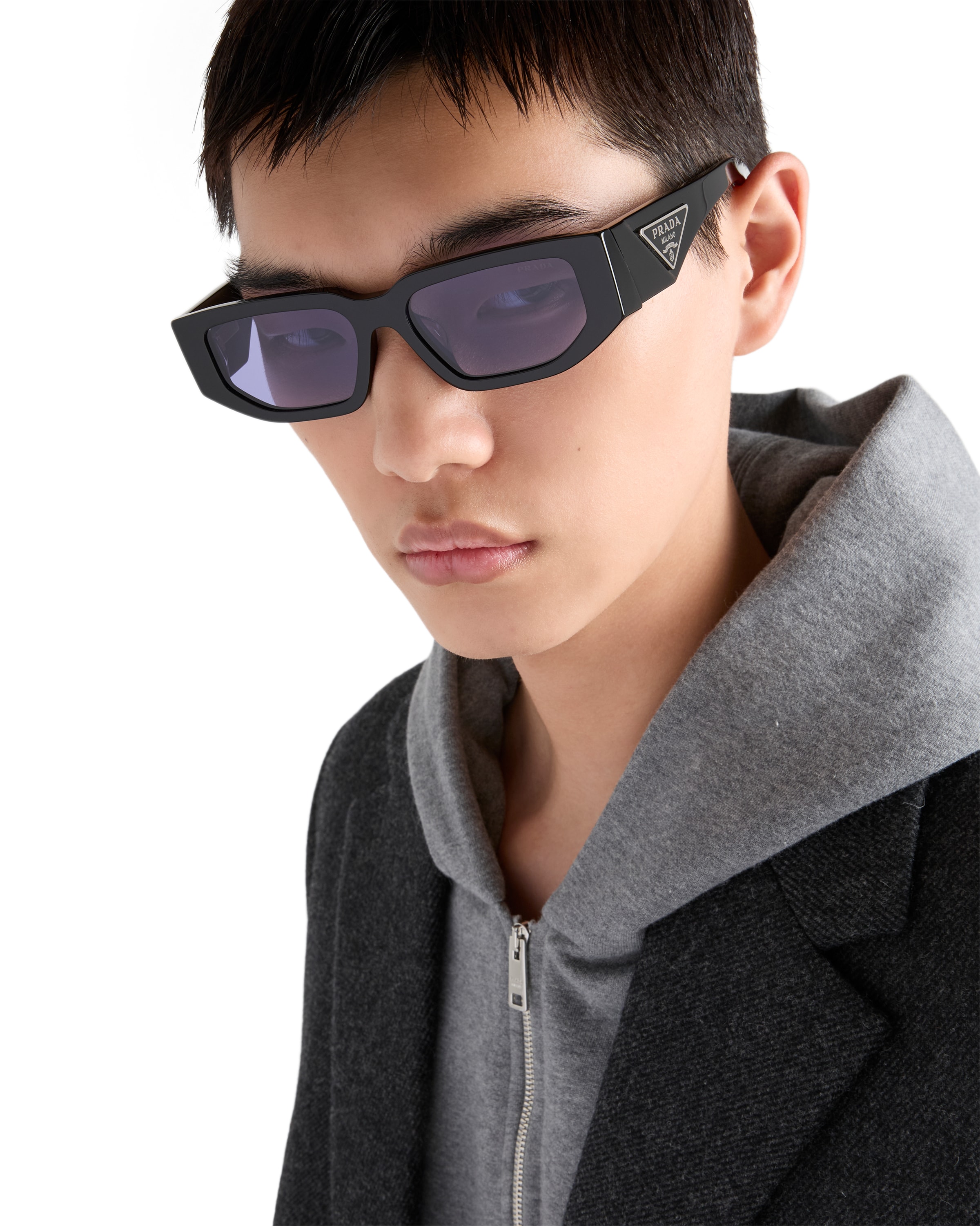 Prada Triangle-logo Rectangle-frame Sunglasses In Black