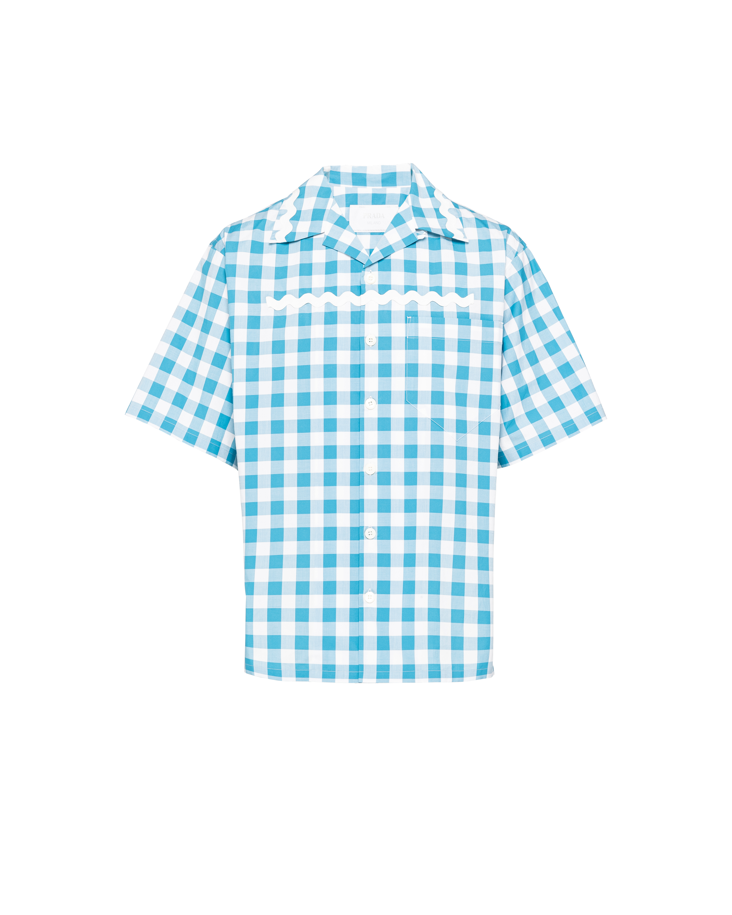 Prada Short-sleeved Cotton Shirt In White/turquoise/white
