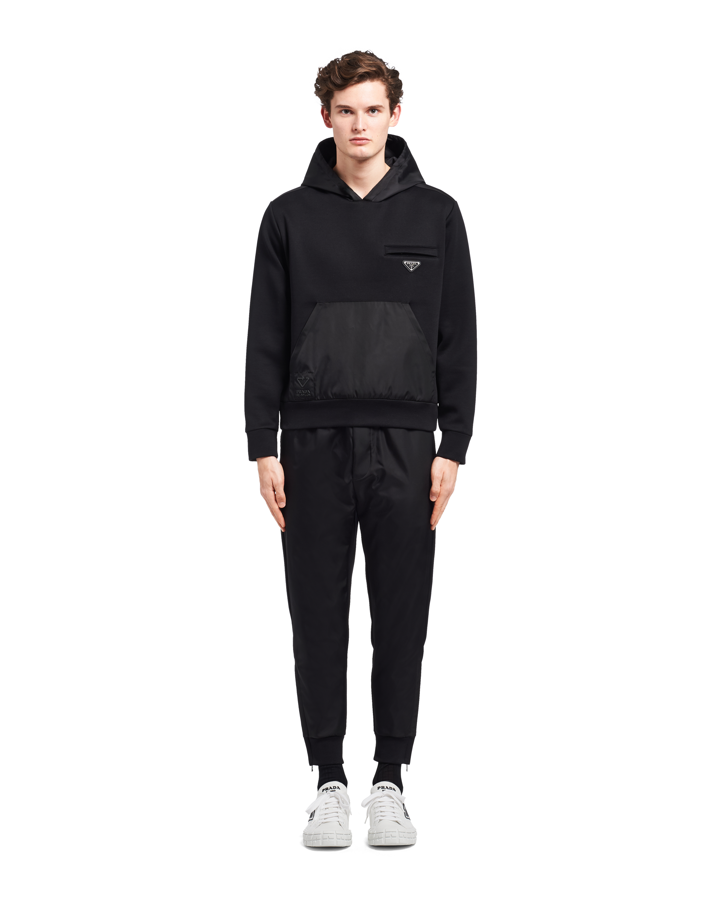 Black/black Hoodie with nylon details | Prada