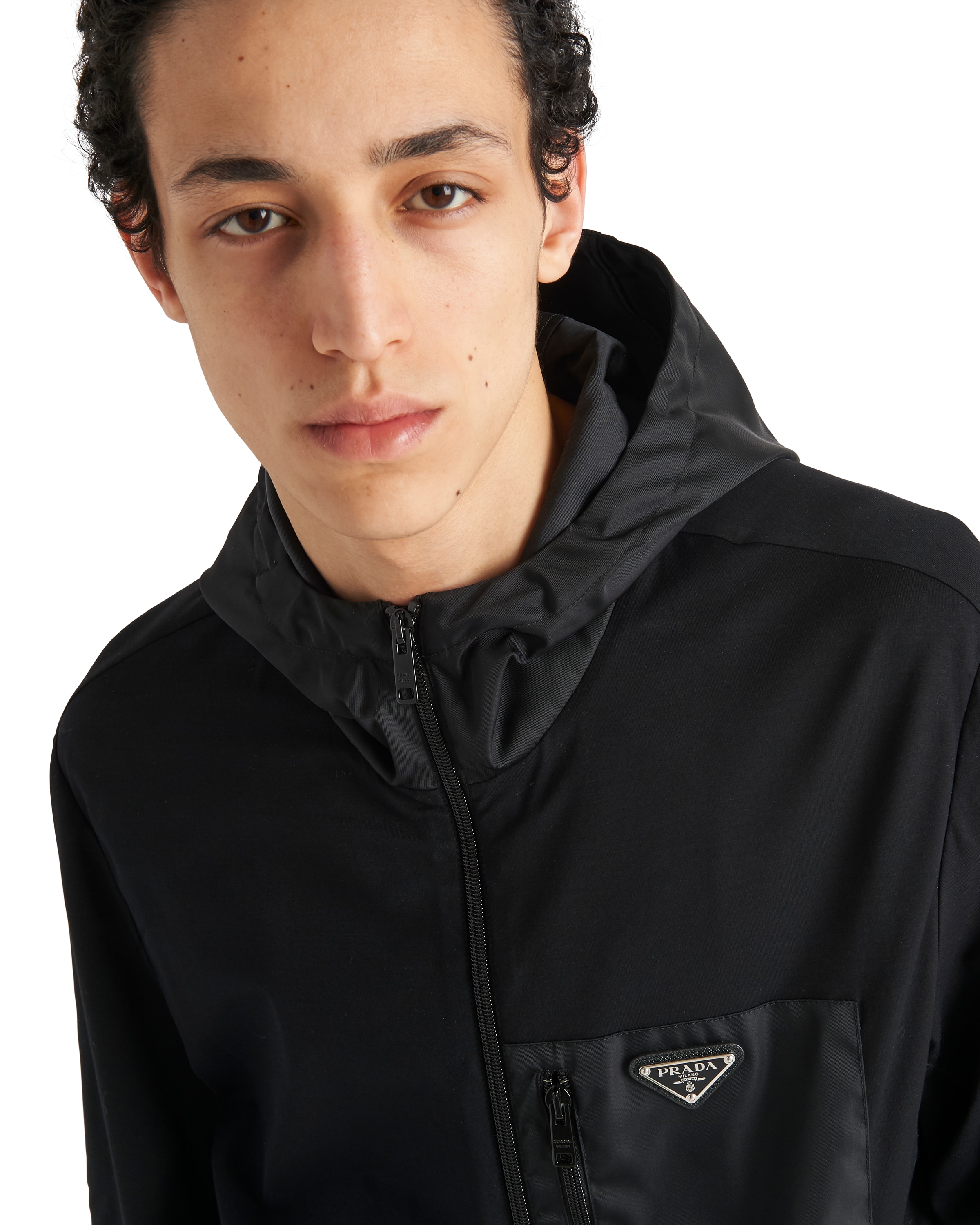 Prada Stretch Cotton Hooded Sweatshirt Chest Pocket In Black