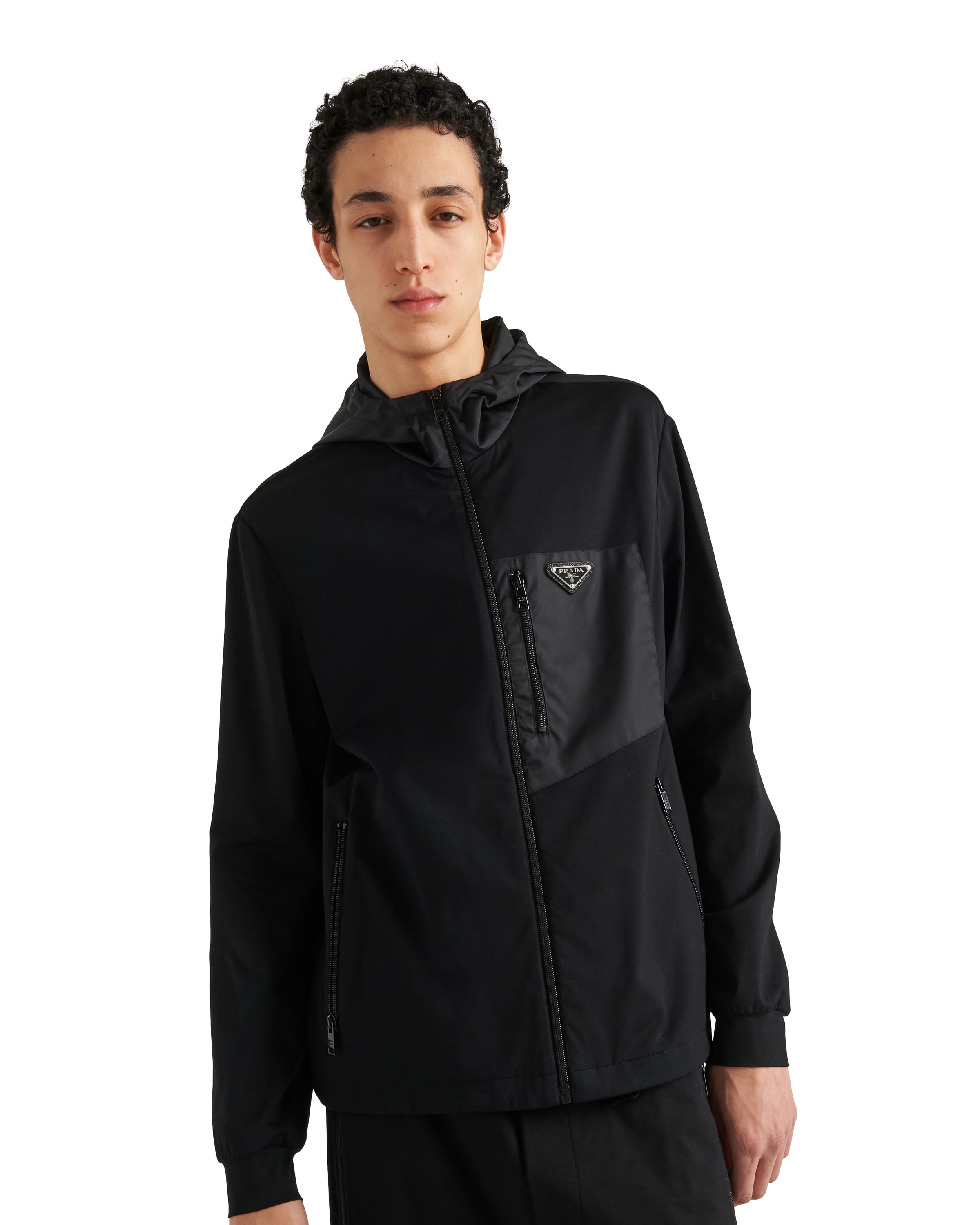 Prada Stretch Cotton Hooded Sweatshirt Chest Pocket In Black