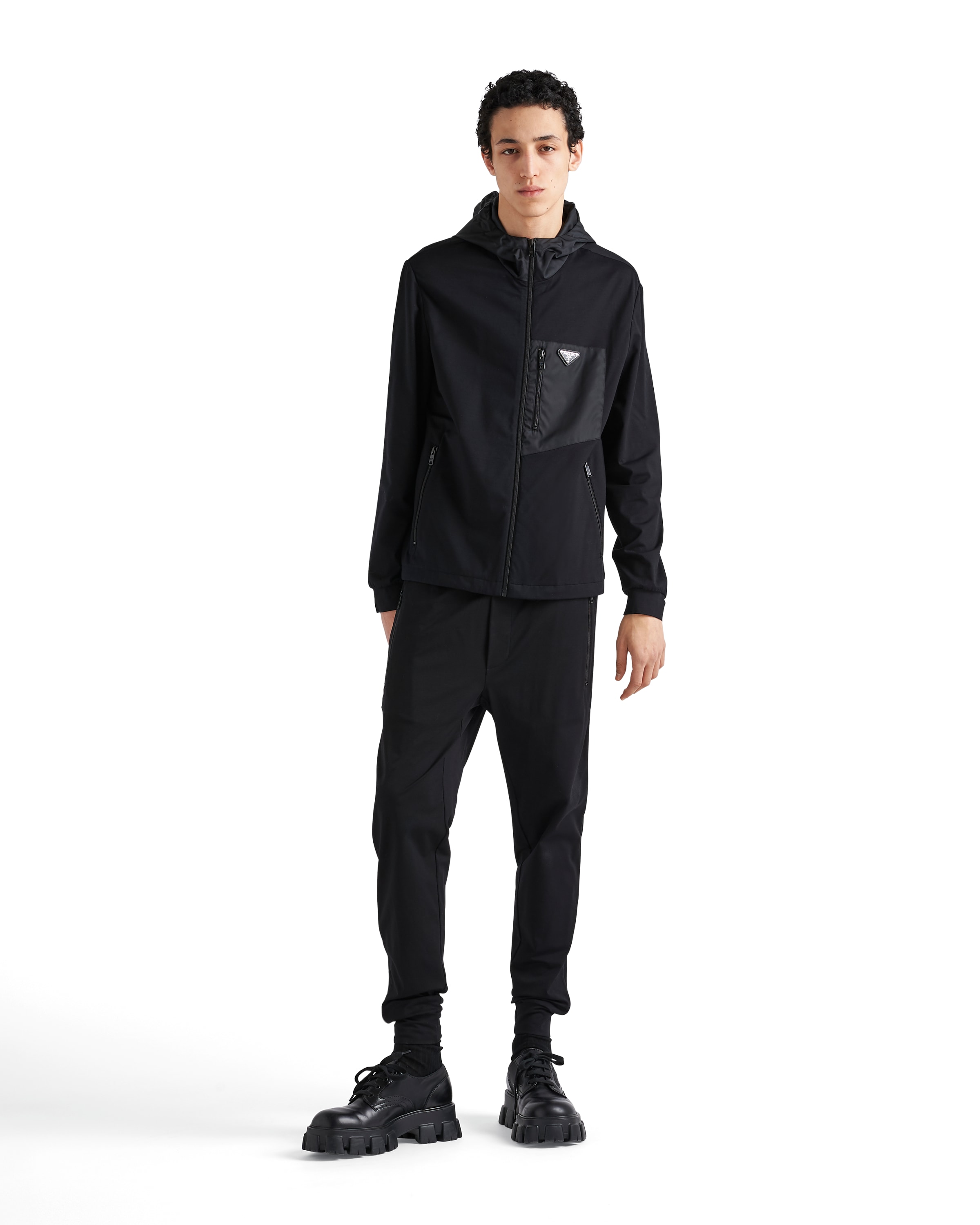 Prada Stretch Cotton Hooded Sweatshirt Chest Pocket In Black