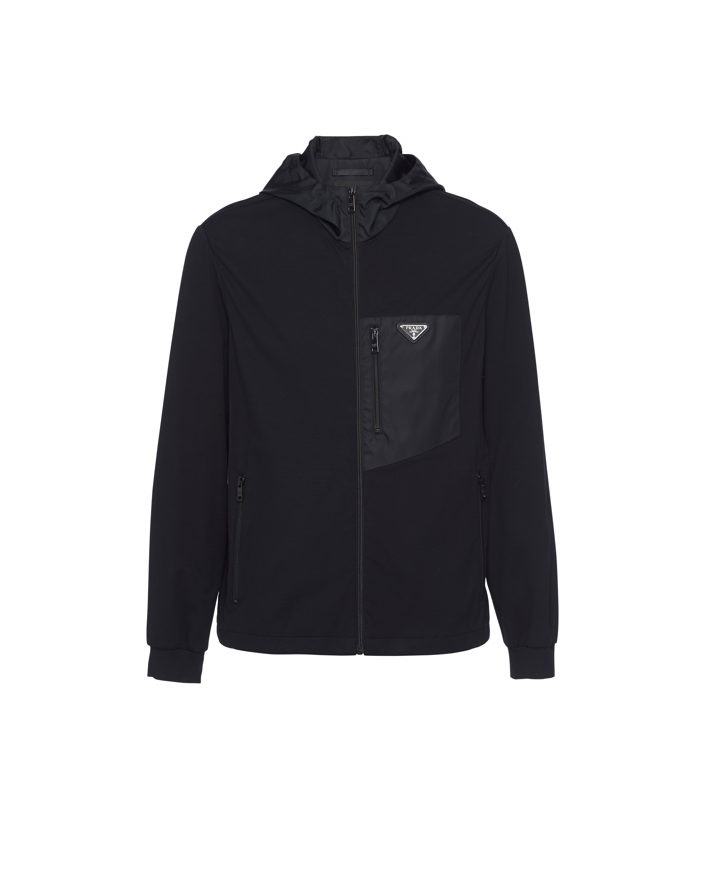 Prada Stretch Cotton Hooded Sweatshirt Chest Pocket In Black