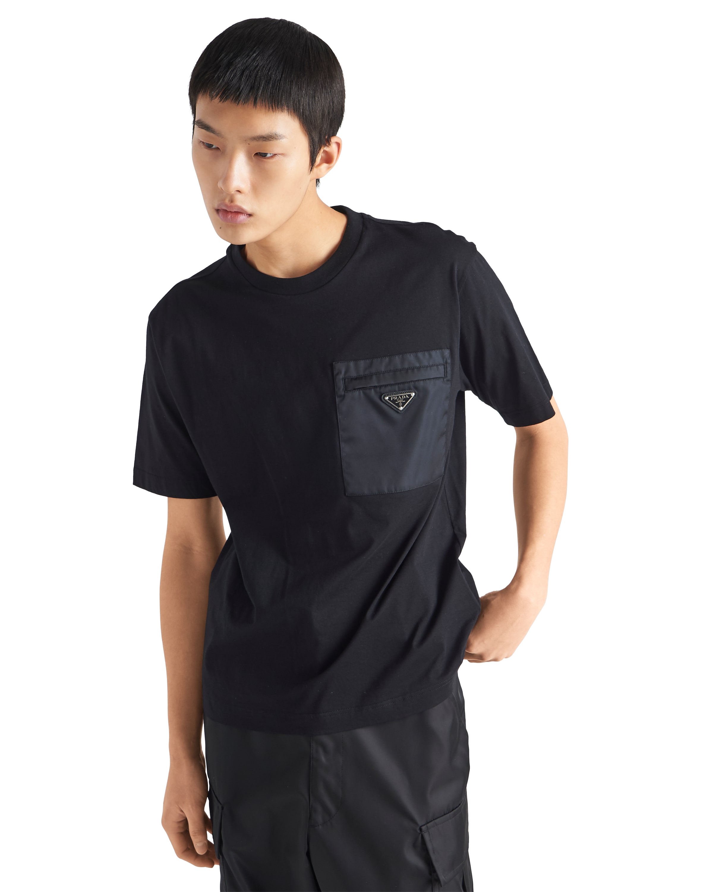 Prada Mens Black Re-nylon Logo-plaque Cotton-jersey T-shirt Xxl In Black