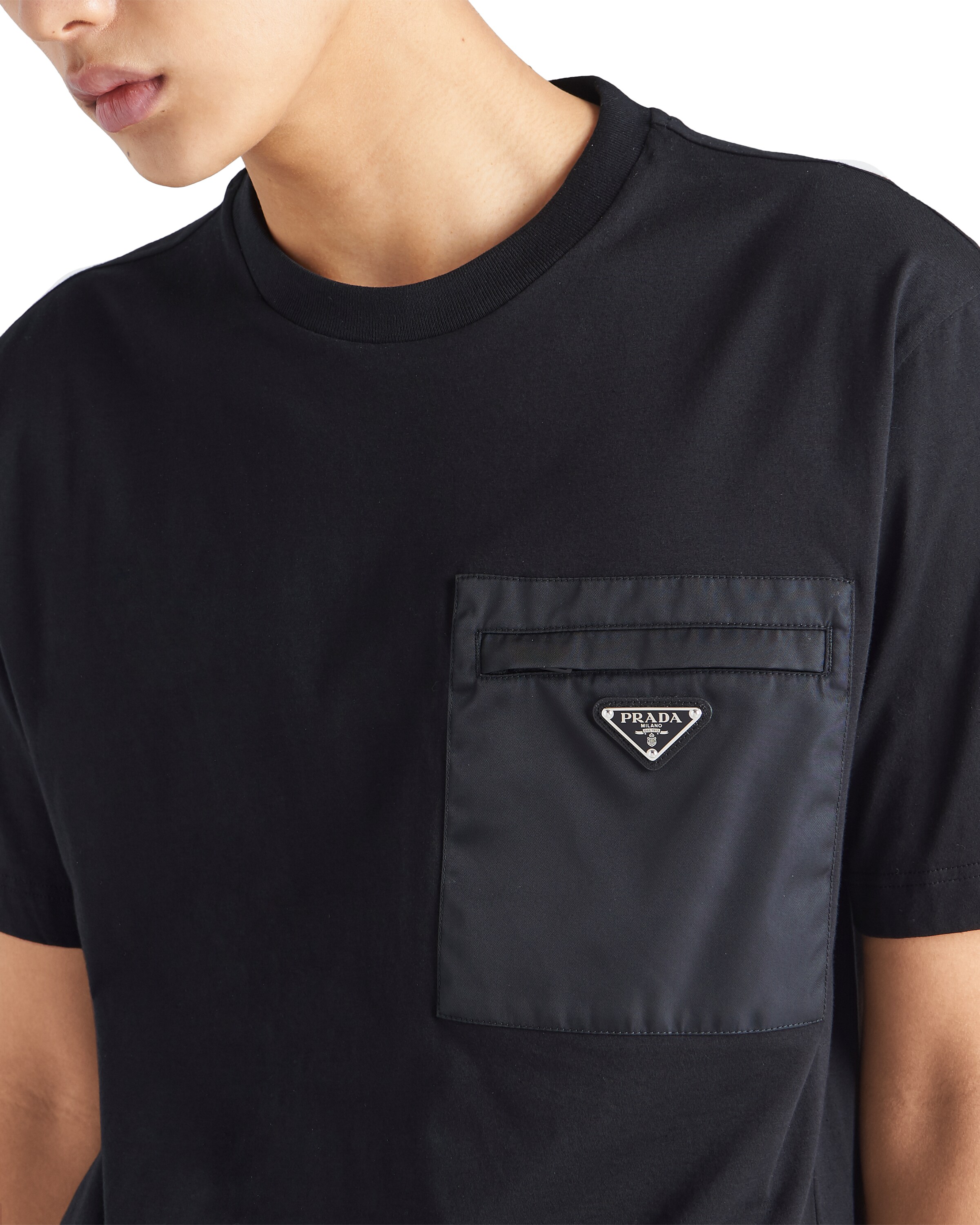 Prada Mens Black Re-nylon Logo-plaque Cotton-jersey T-shirt Xxl In Black