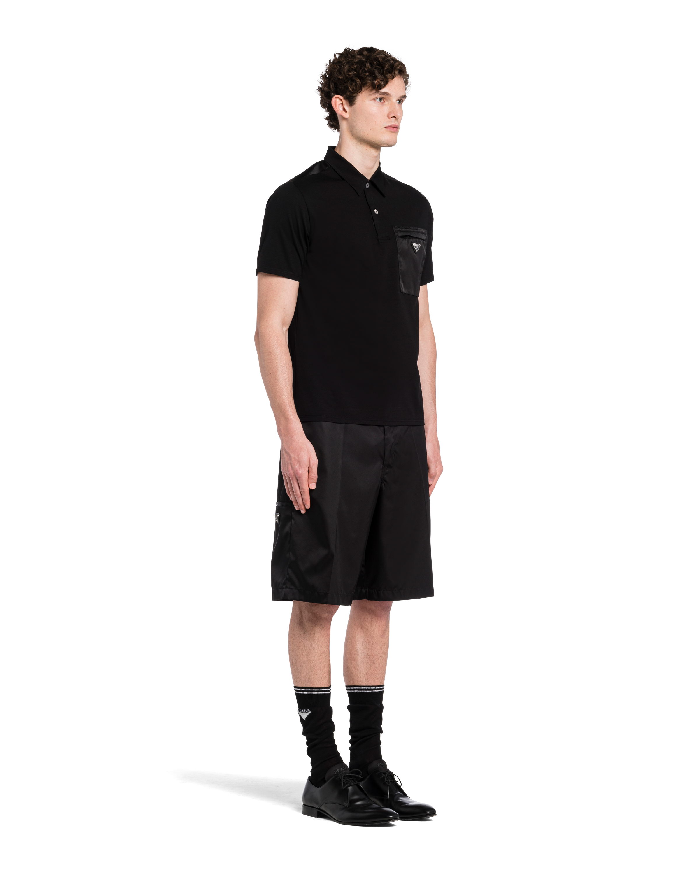 ブラック/ブラック Re-nylonディテール付 ストレッチコットン ポロシャツ | PRADA