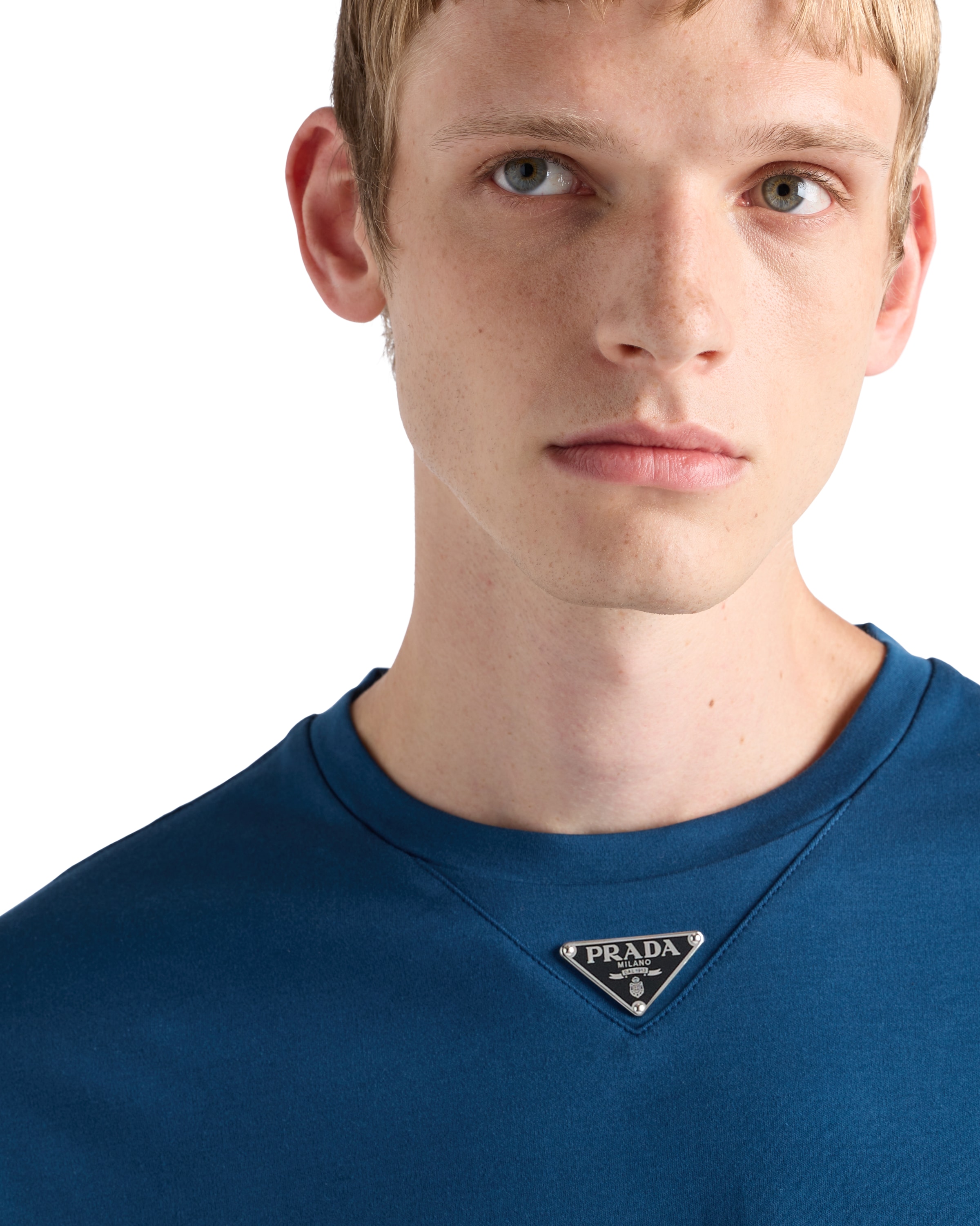 Prada Triangle Logo Cotton T-shirt In Aviator Blue