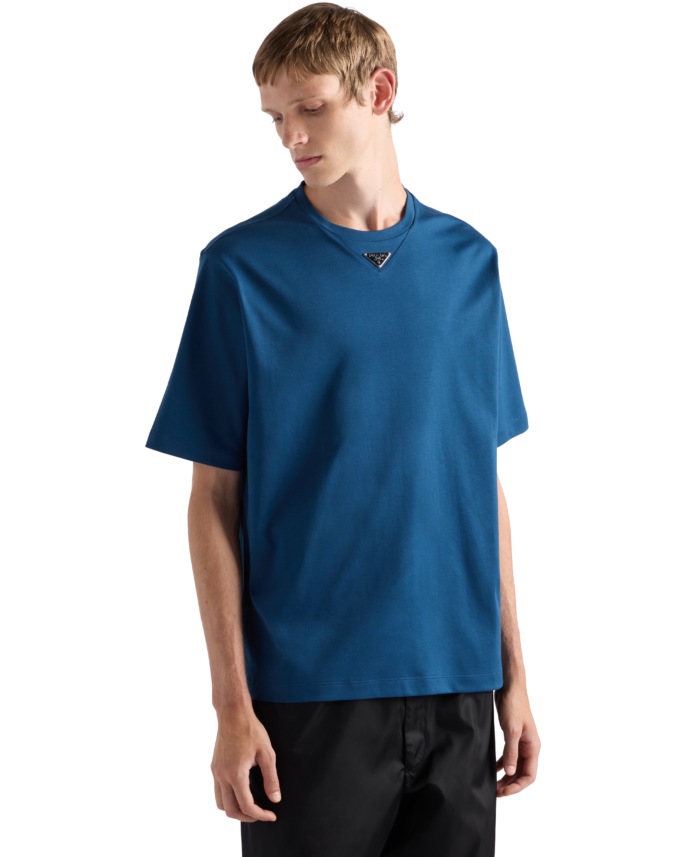 Prada Triangle Logo Cotton T-shirt In Aviator Blue