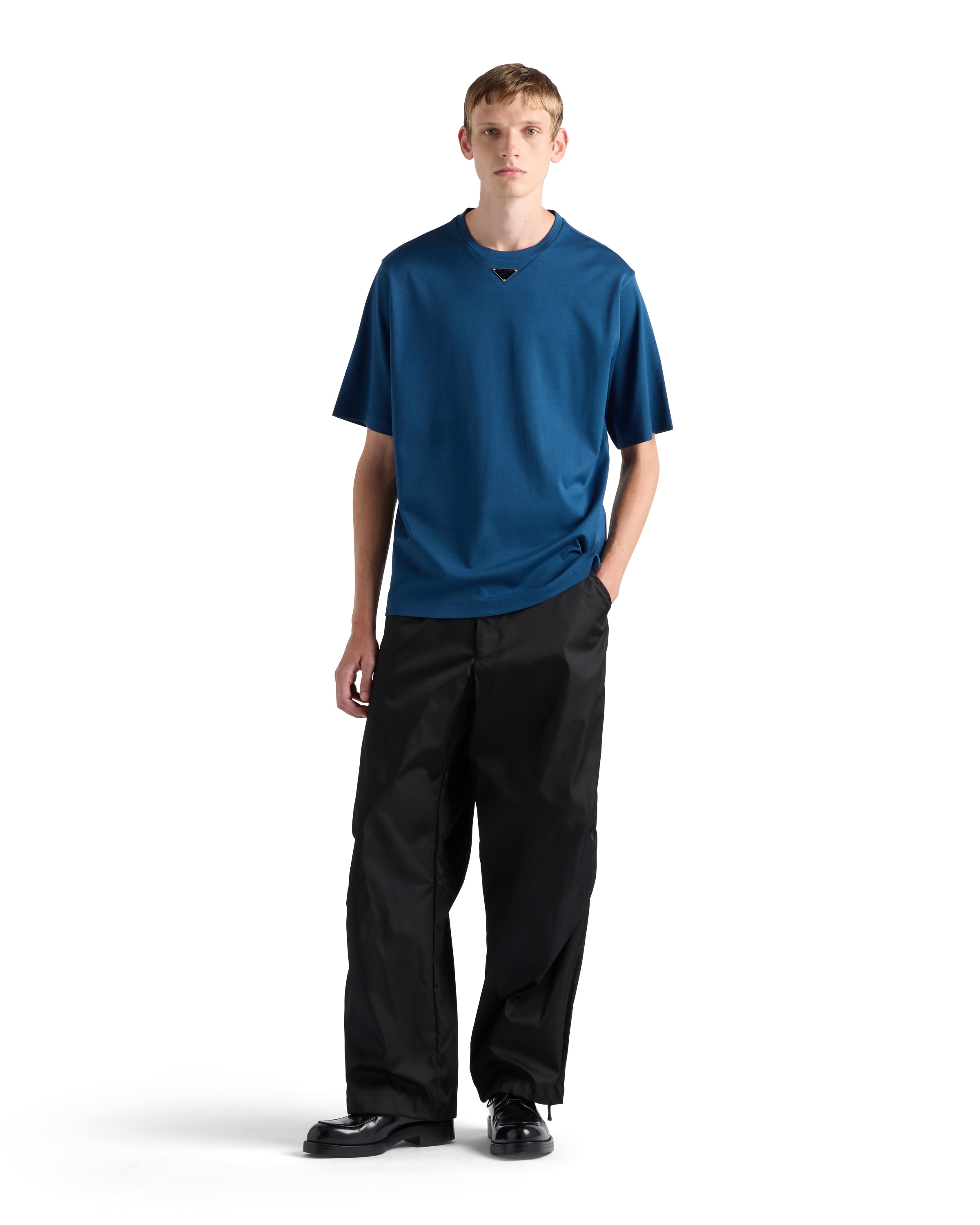 Prada Triangle Logo Cotton T-shirt In Aviator Blue