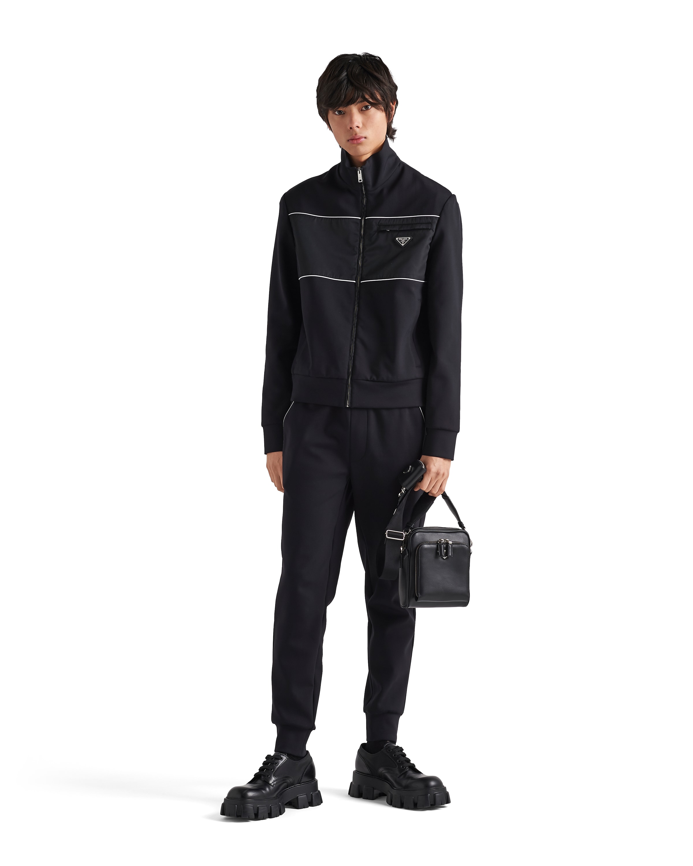 Prada Mens Black Contrast-trim Tapered-leg Cotton And Nylon Jogging Bottoms In Blue