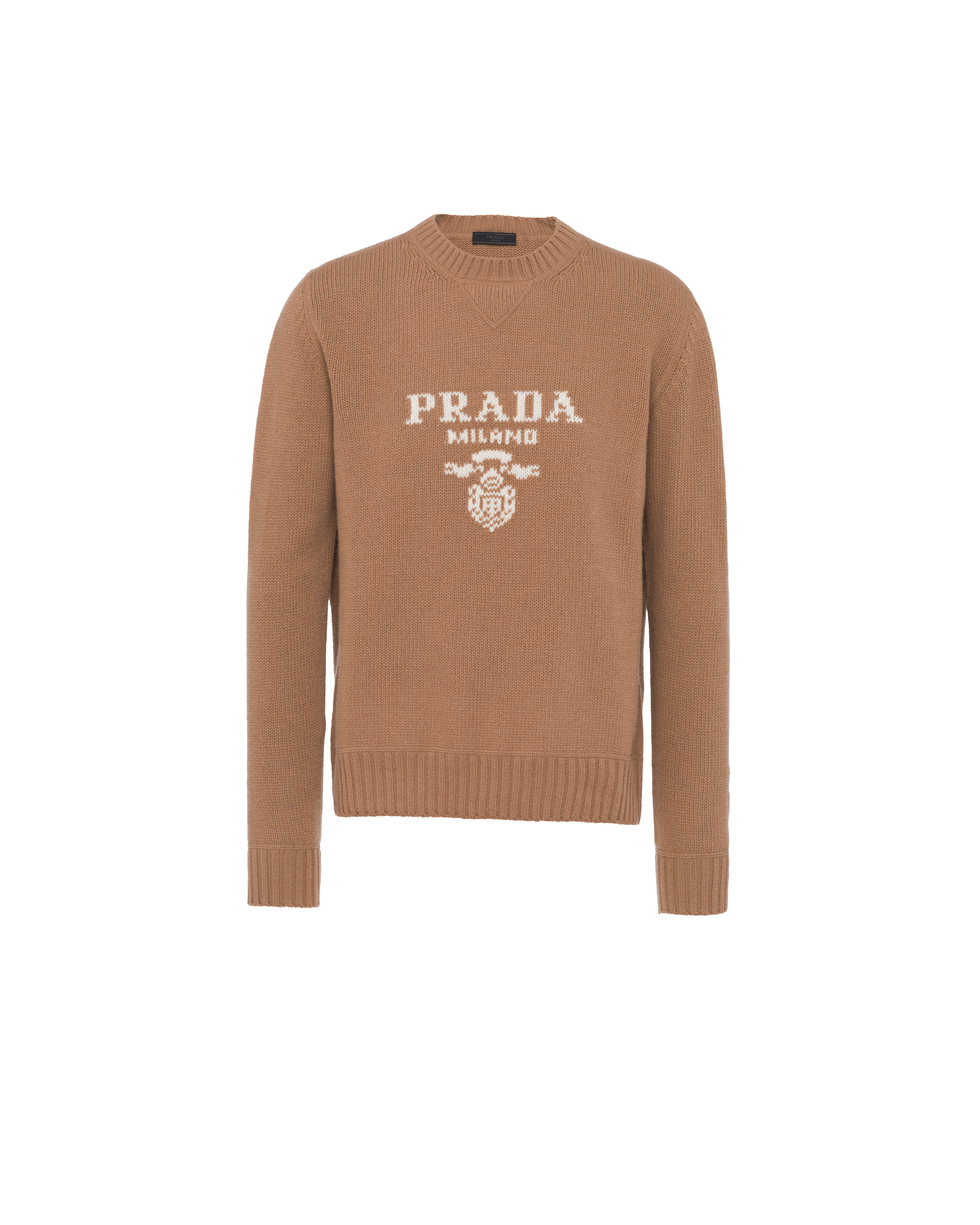 Prada Intarsia-knit Logo Wool-blend Jumper In Camel Brown