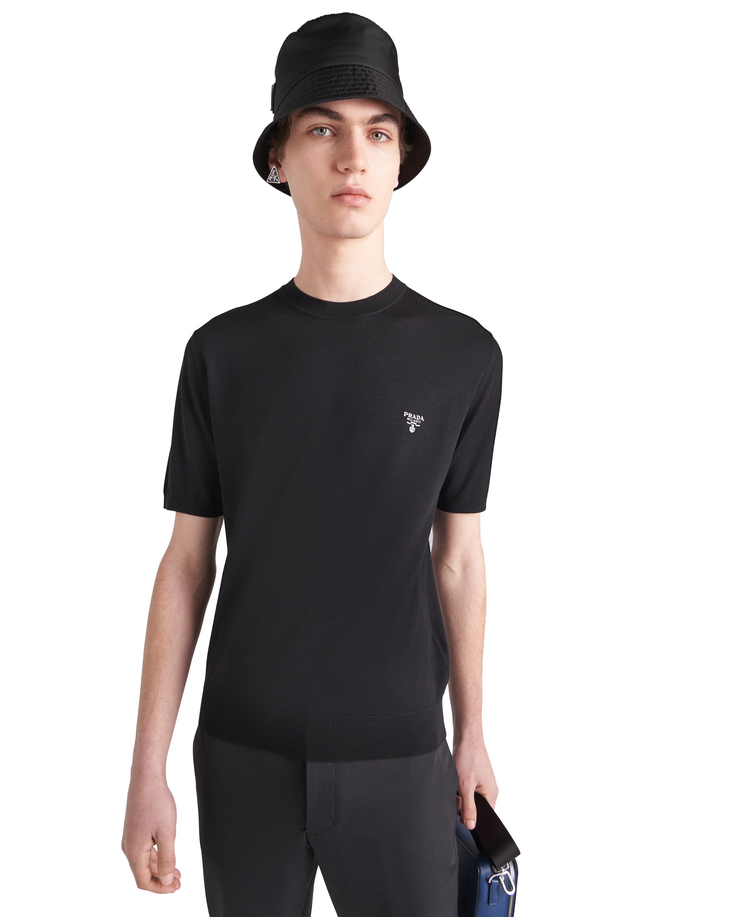 Prada Blue Logo T-shirt In Black