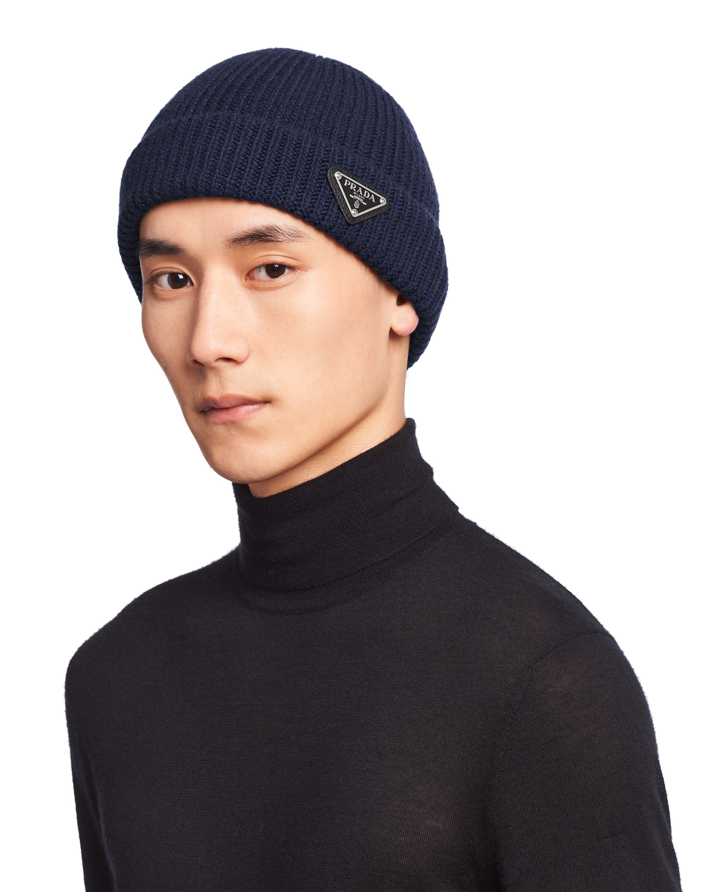 Prada Triangle-logo Wool-cashmere Beanie In Blue