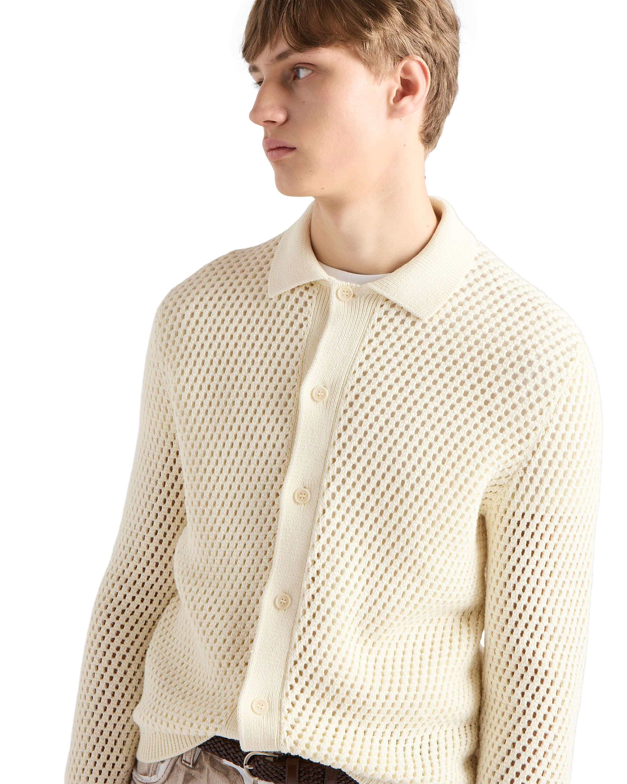 Prada Open-knit Collared Cardigan In Neutral