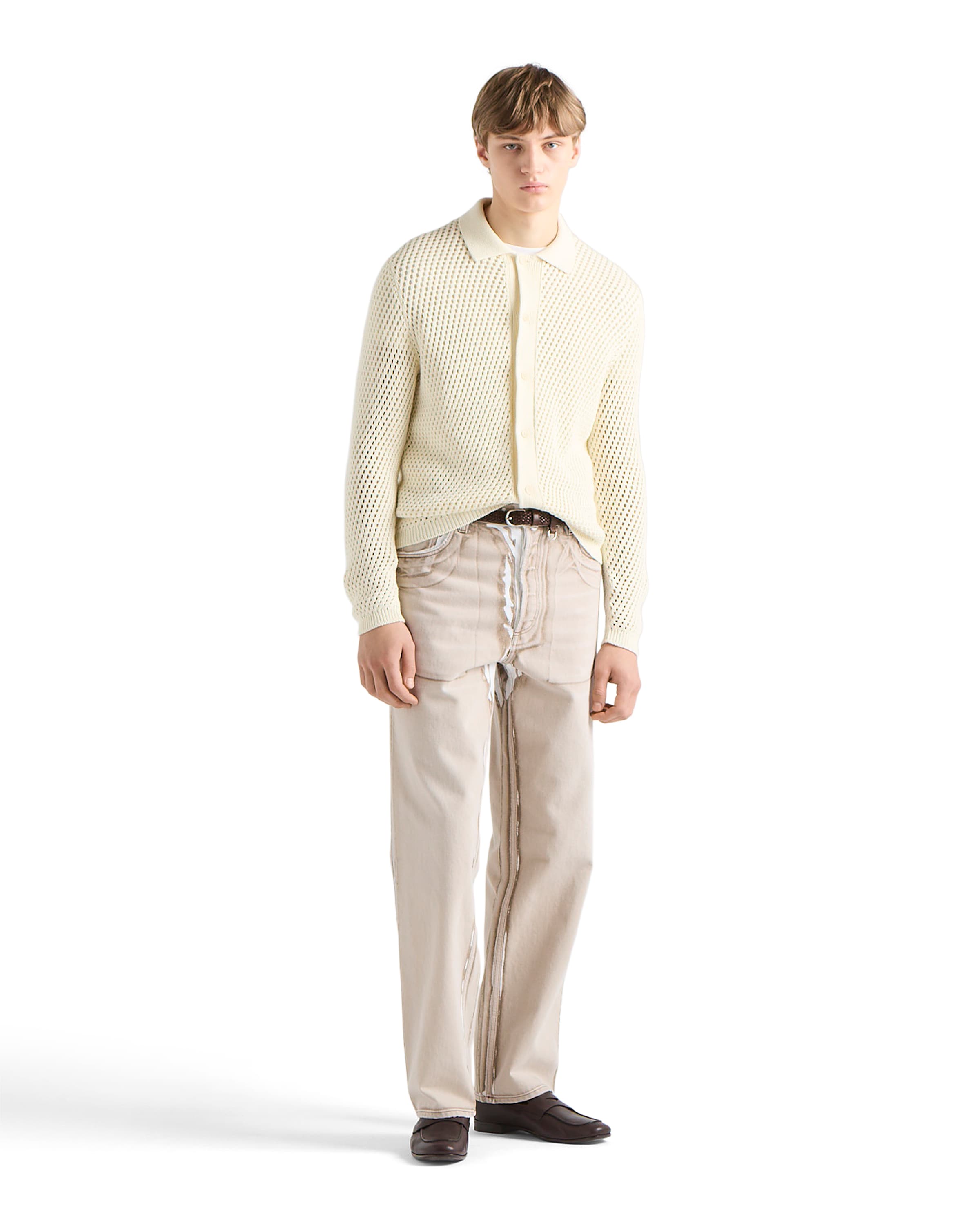 Prada Open-knit Collared Cardigan In Neutral