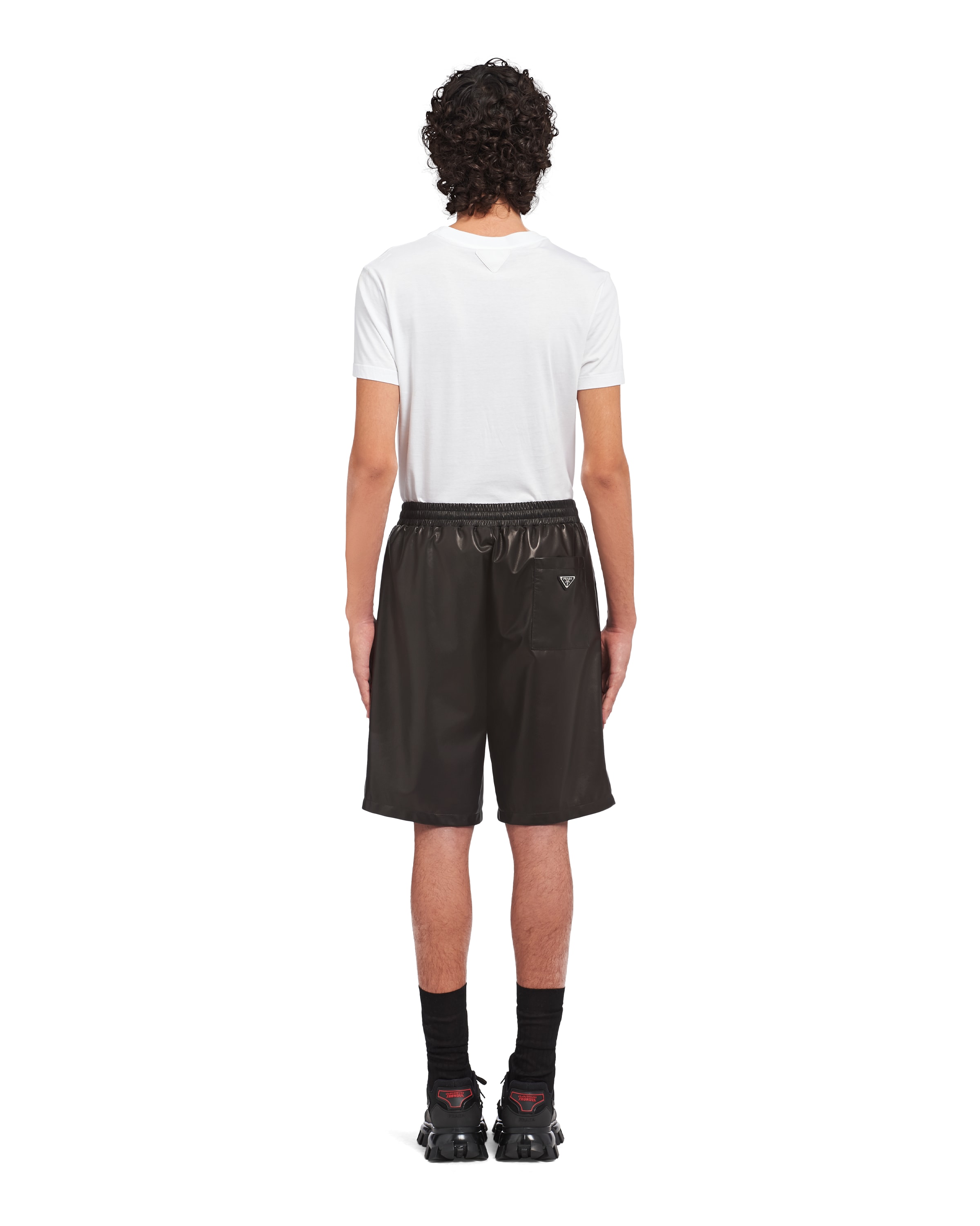 Prada Triangle-logo Leather Bermuda Shorts In Black