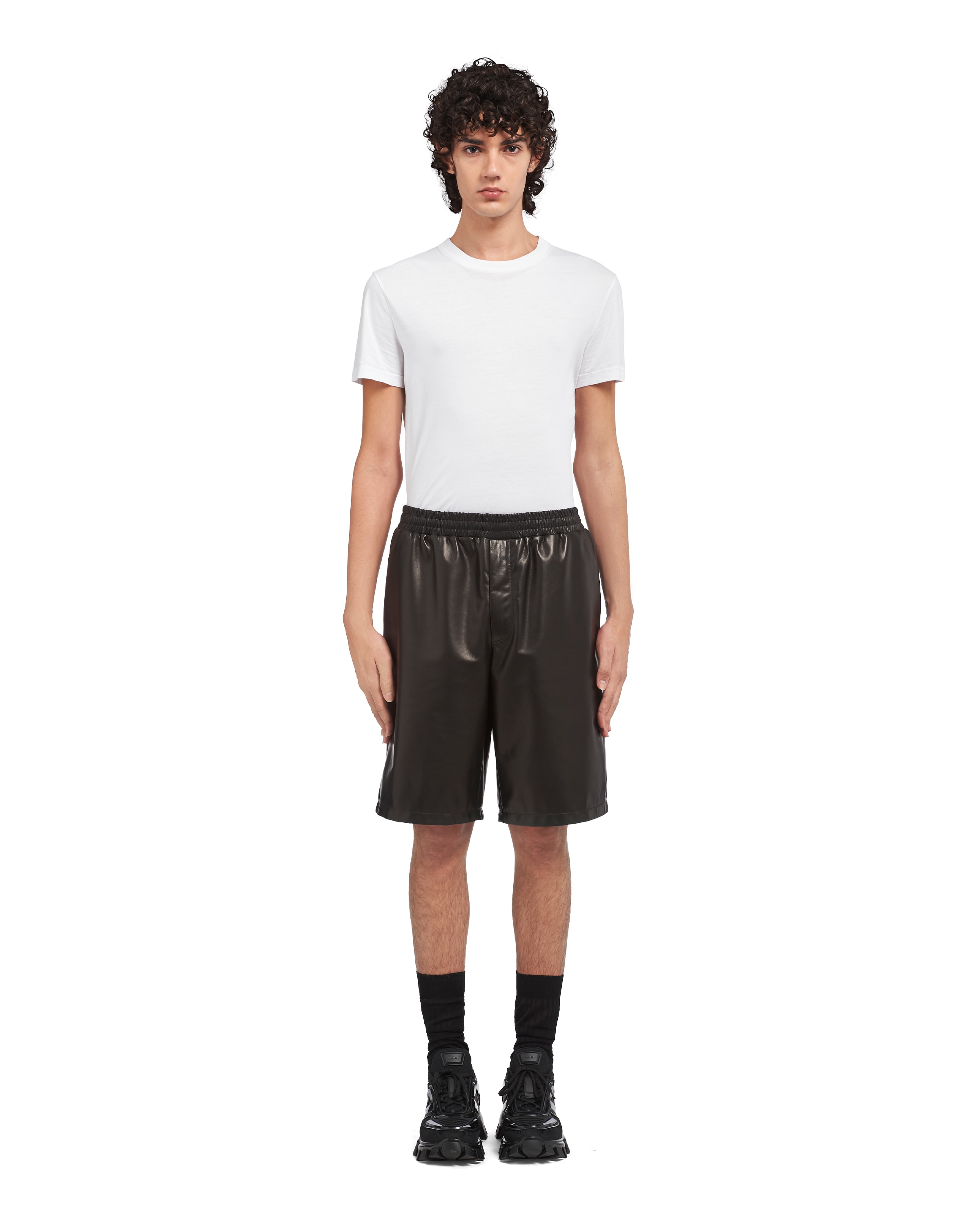 Prada Triangle-logo Leather Bermuda Shorts In Black
