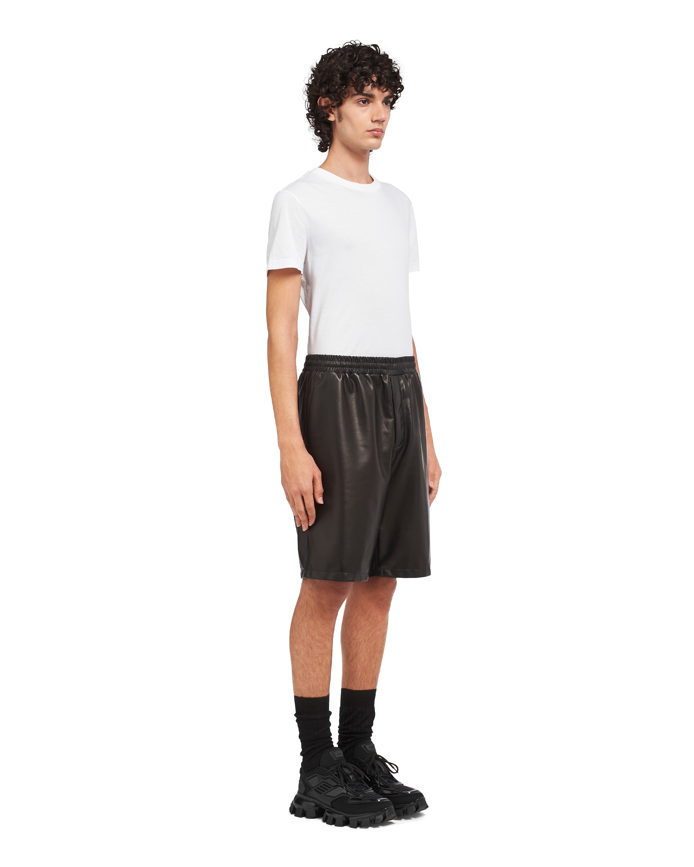 Prada Triangle-logo Leather Bermuda Shorts In Black