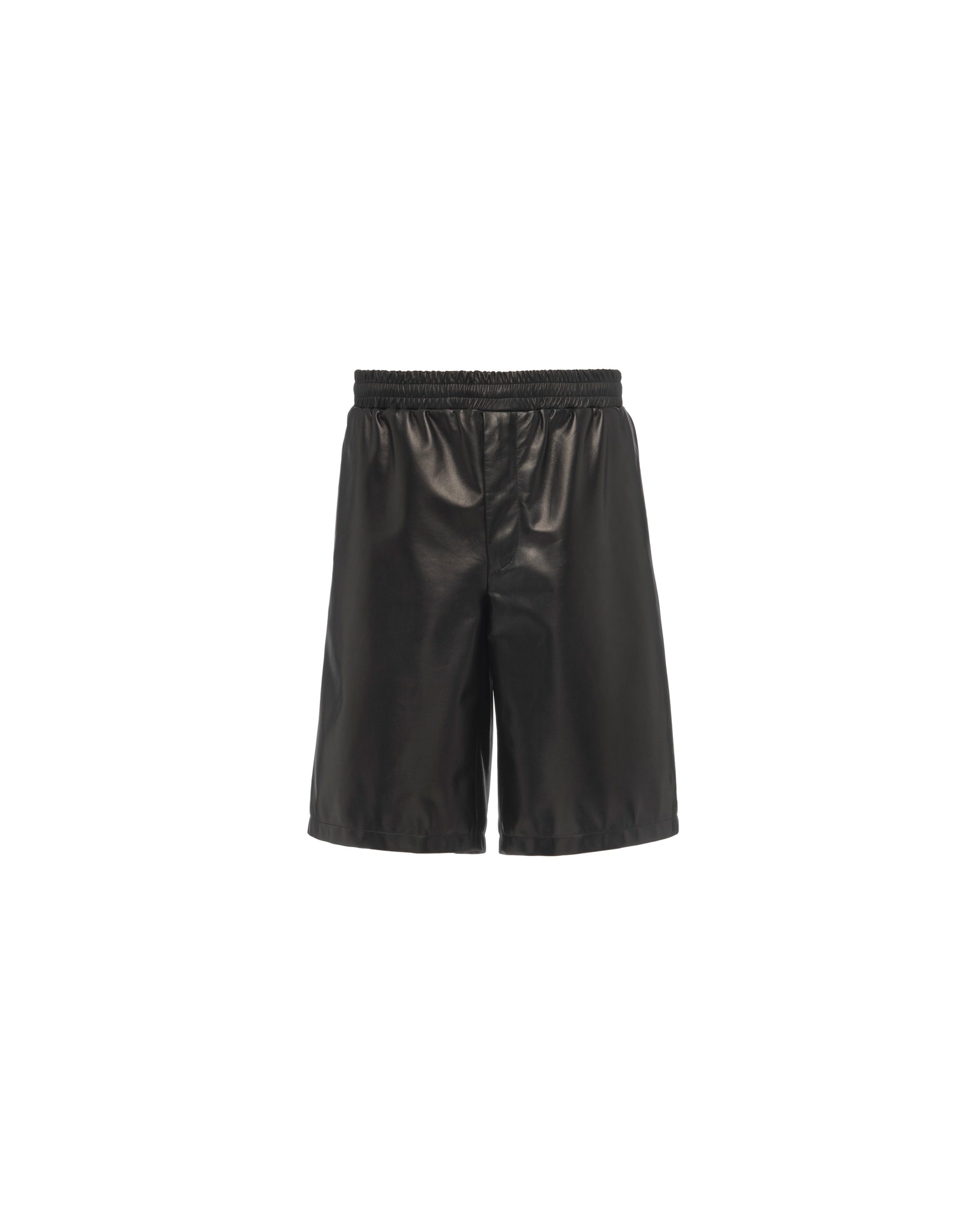 Prada Triangle-logo Leather Bermuda Shorts In Black