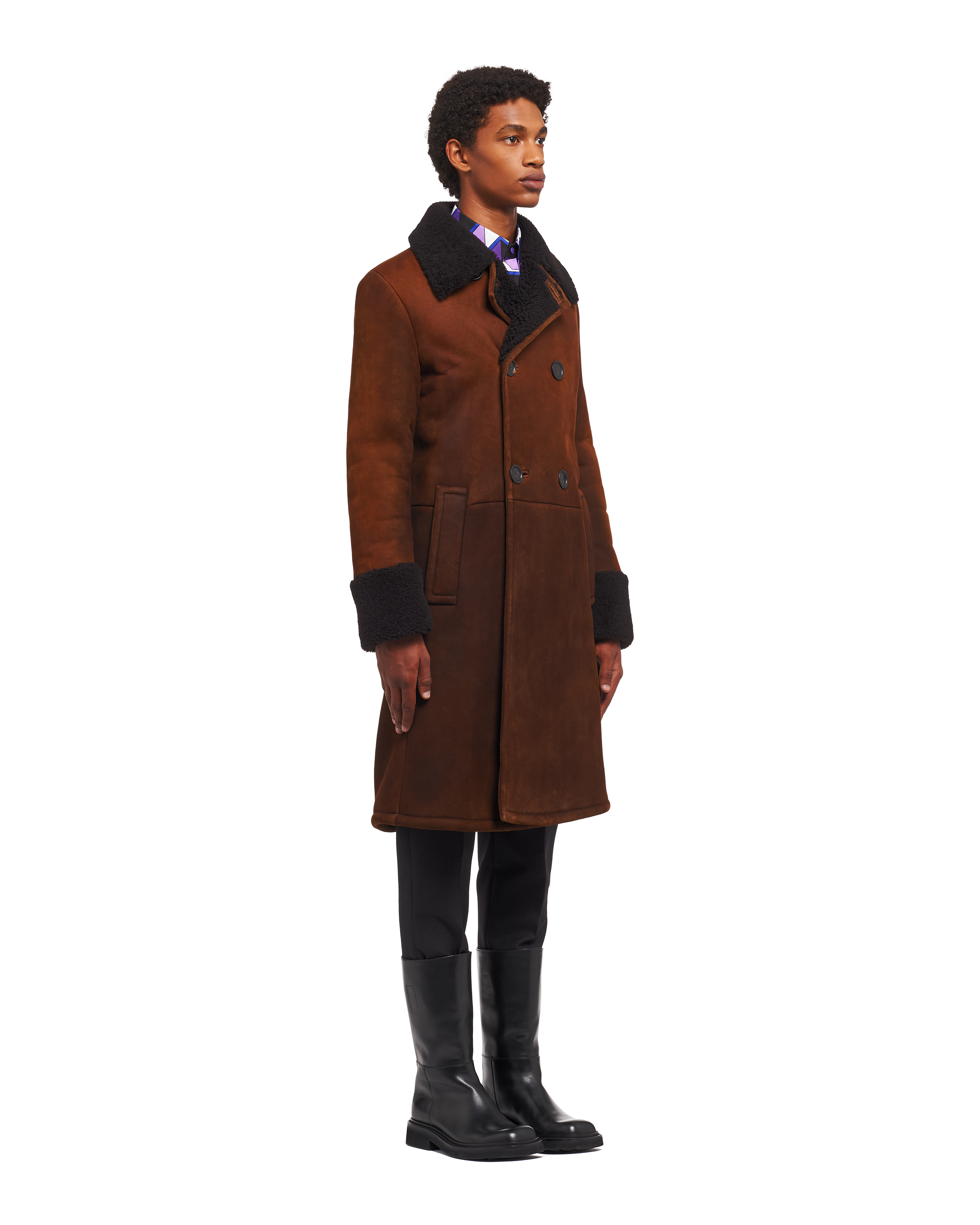 ブラウン ダブルブレスト シープスキン コート Prada