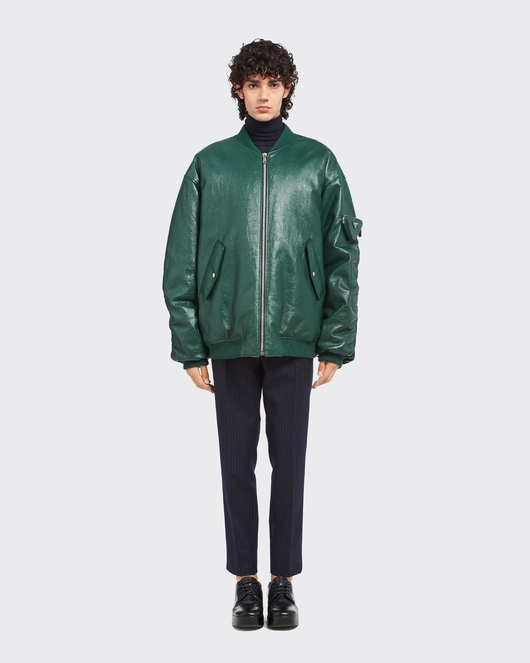 Billiard Green Oversized Nappa Leather Bomber Jacket | PRADA