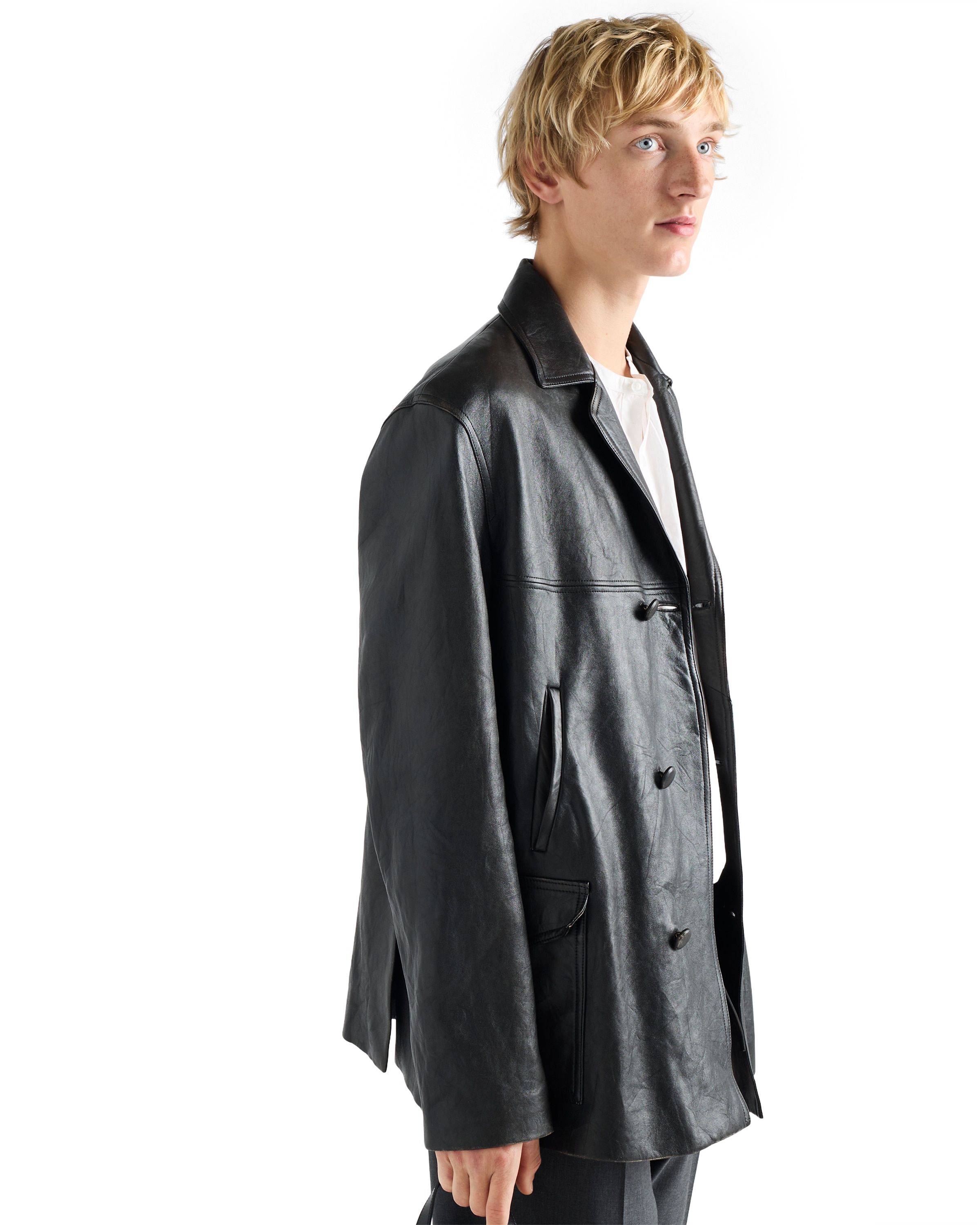 Prada Double-breasted Nappa Leather Caban Jacket In Black