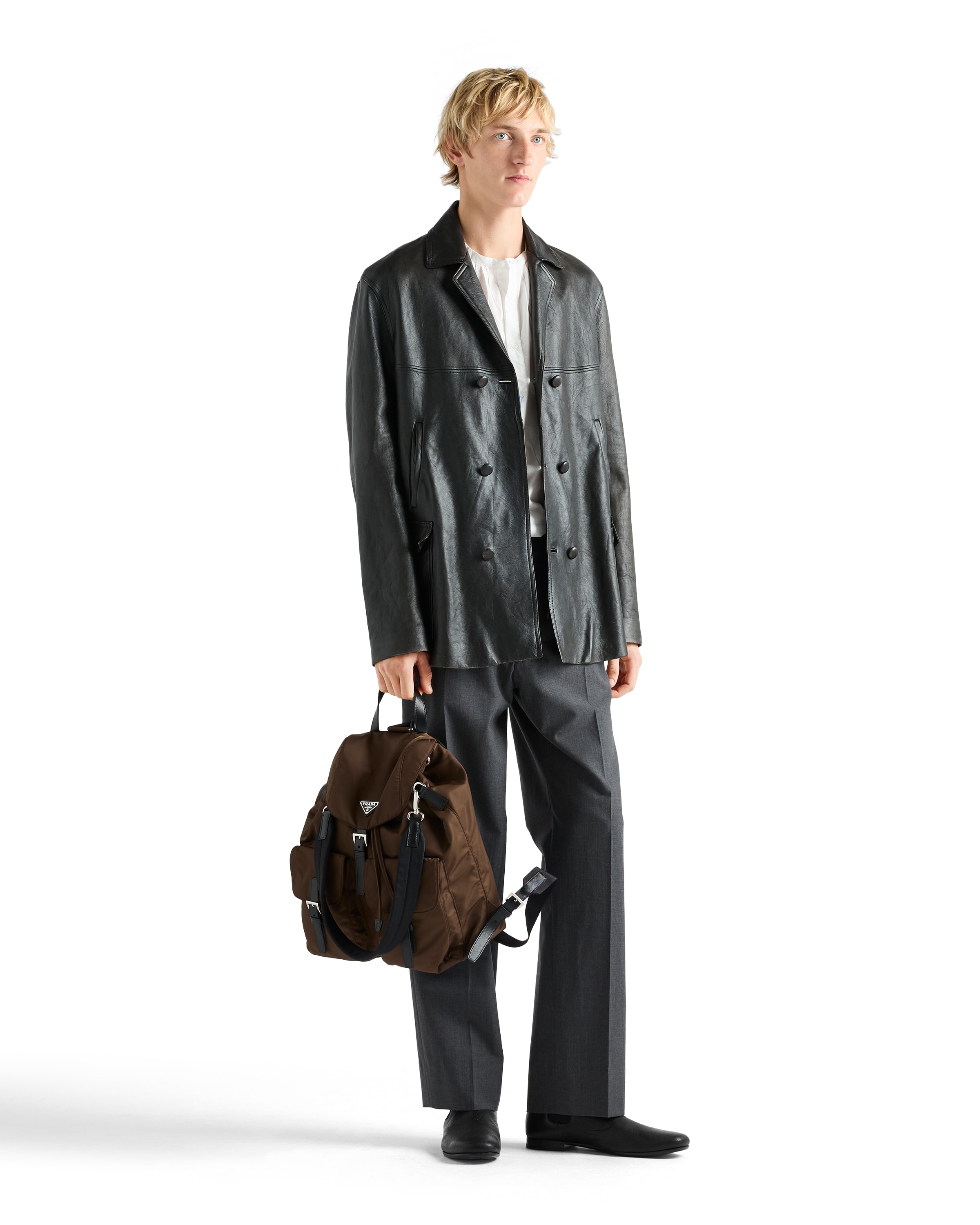 Prada Double-breasted Nappa Leather Caban Jacket In Black