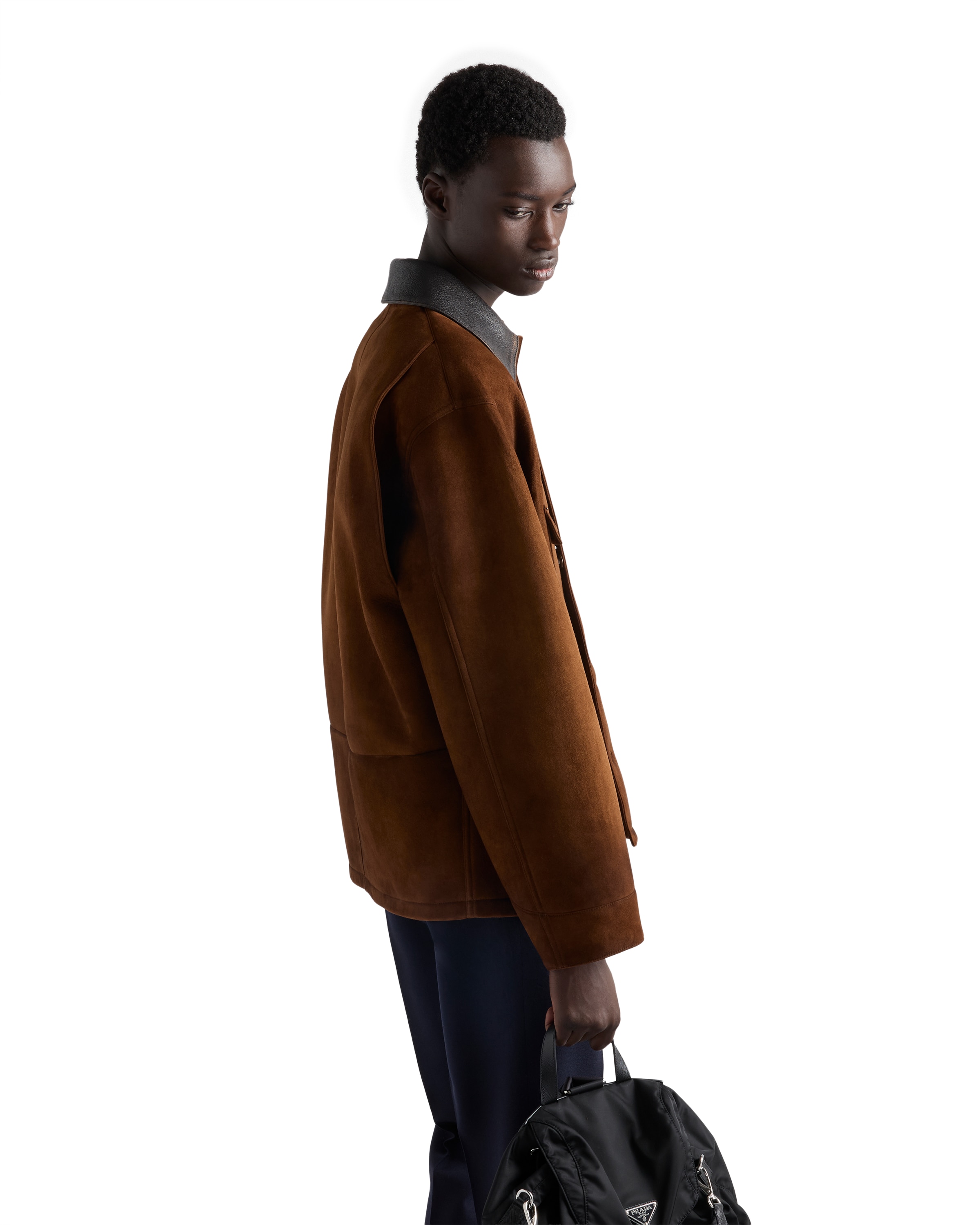 Prada Suede Caban Jacket Vintage Effect Collar In Brown