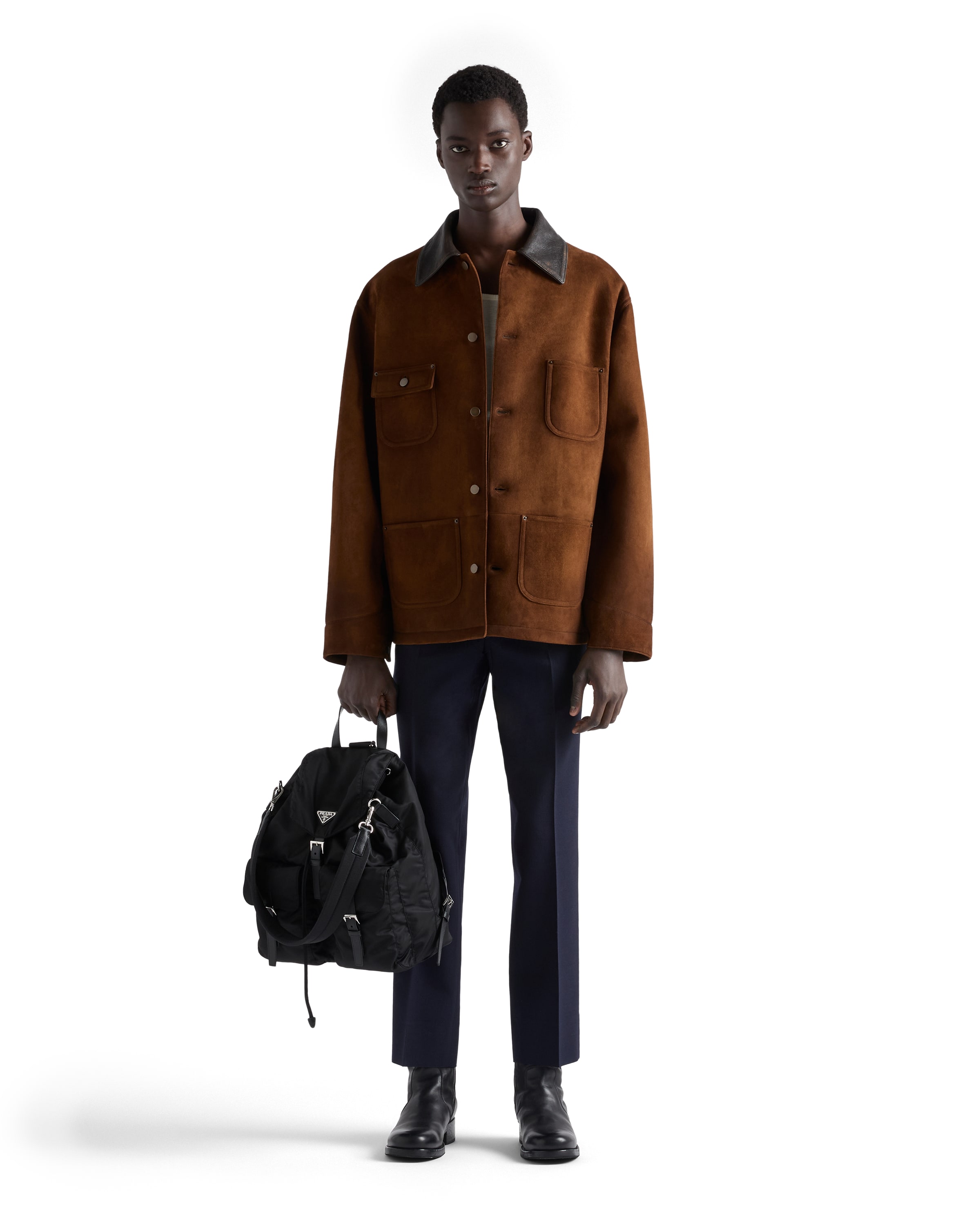 Prada Suede Caban Jacket Vintage Effect Collar In Brown