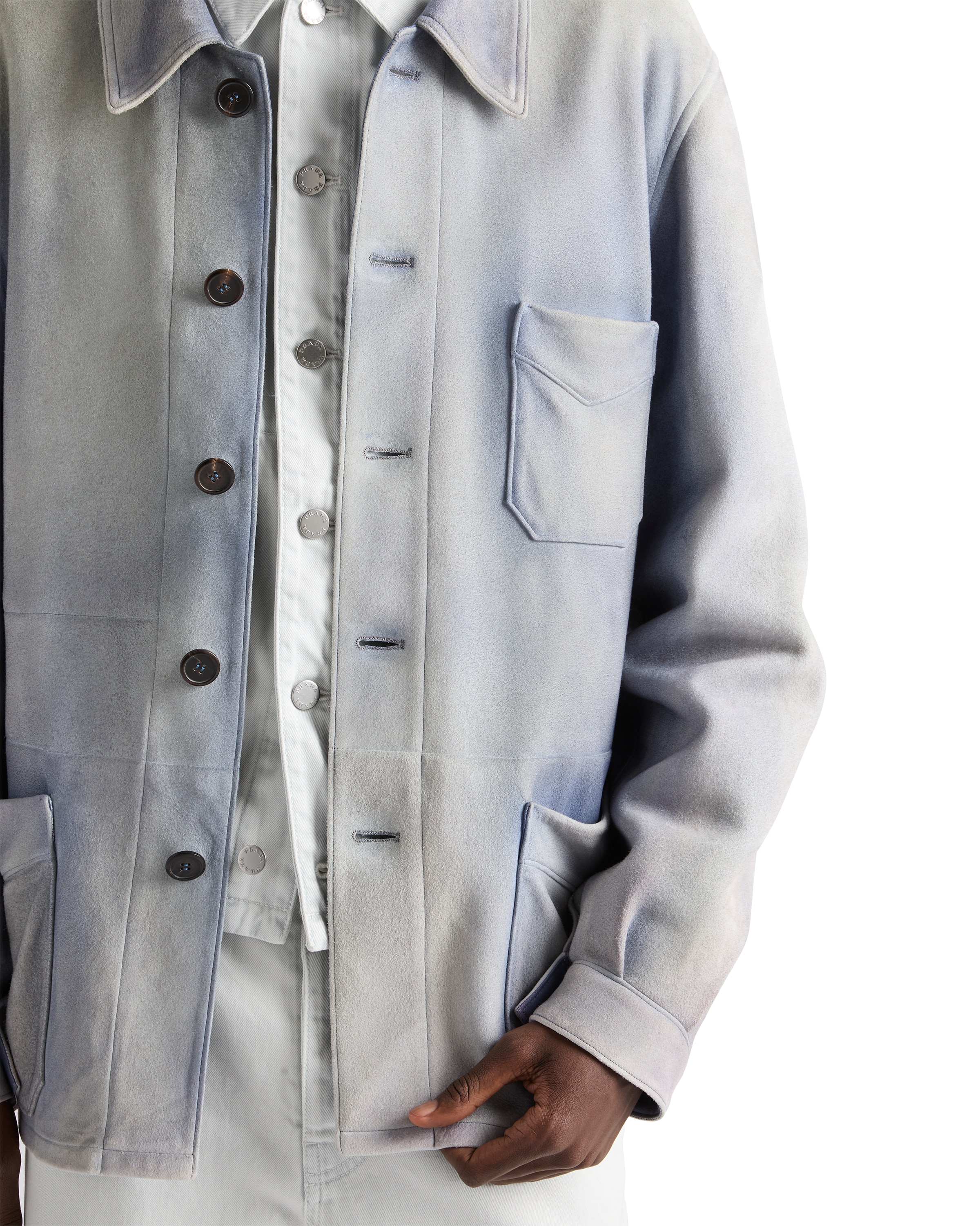 Prada Suede Caban Jacket In Blue