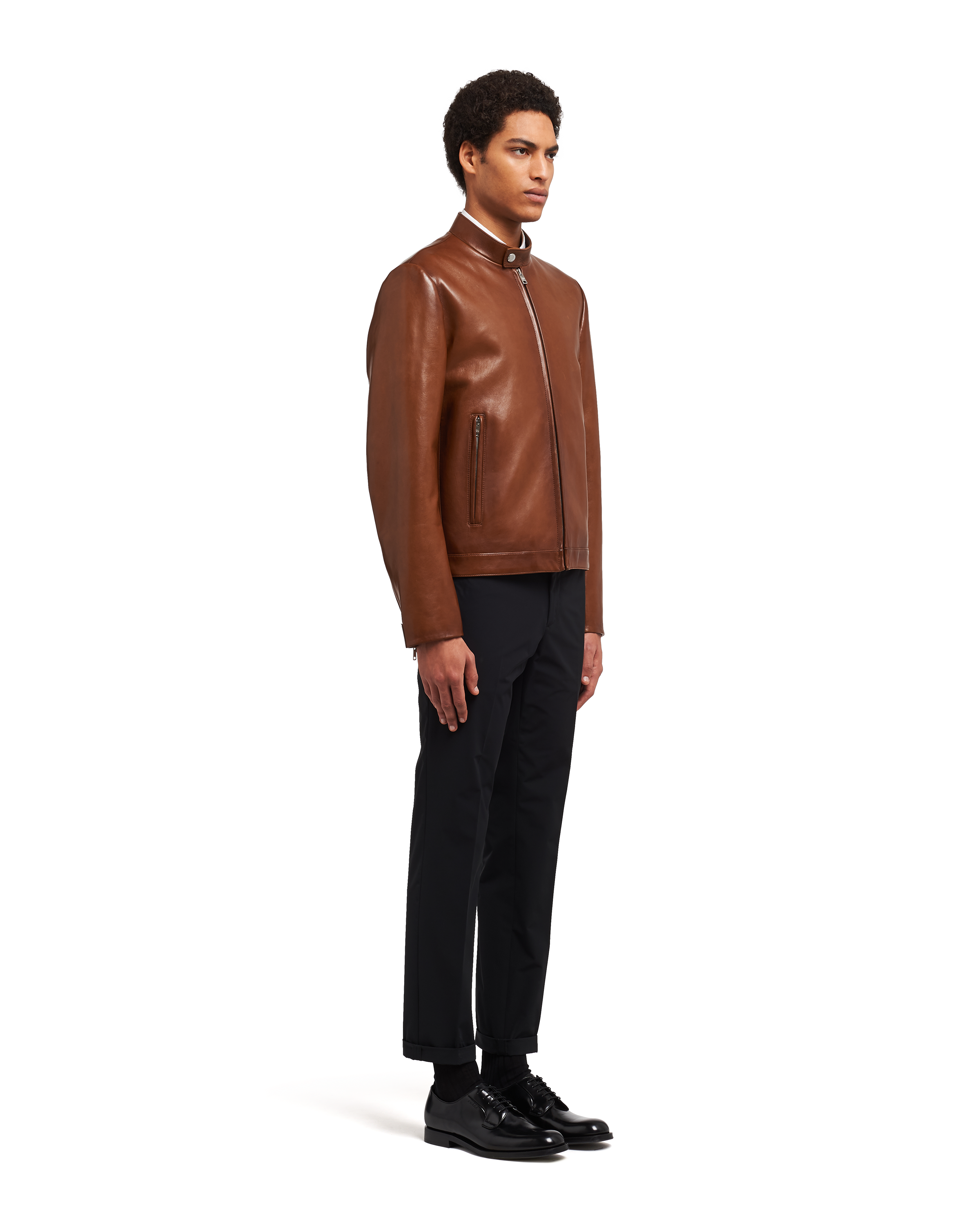 Cocoa Brown Nappa Leather Biker Jacket Prada