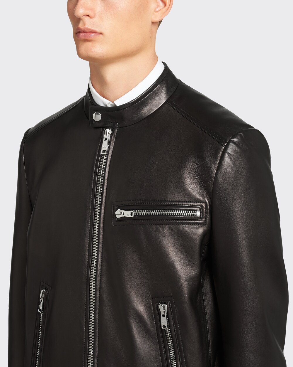 Prada Plongé Nappa Leather Biker Jacket, Men, Black, Size 54