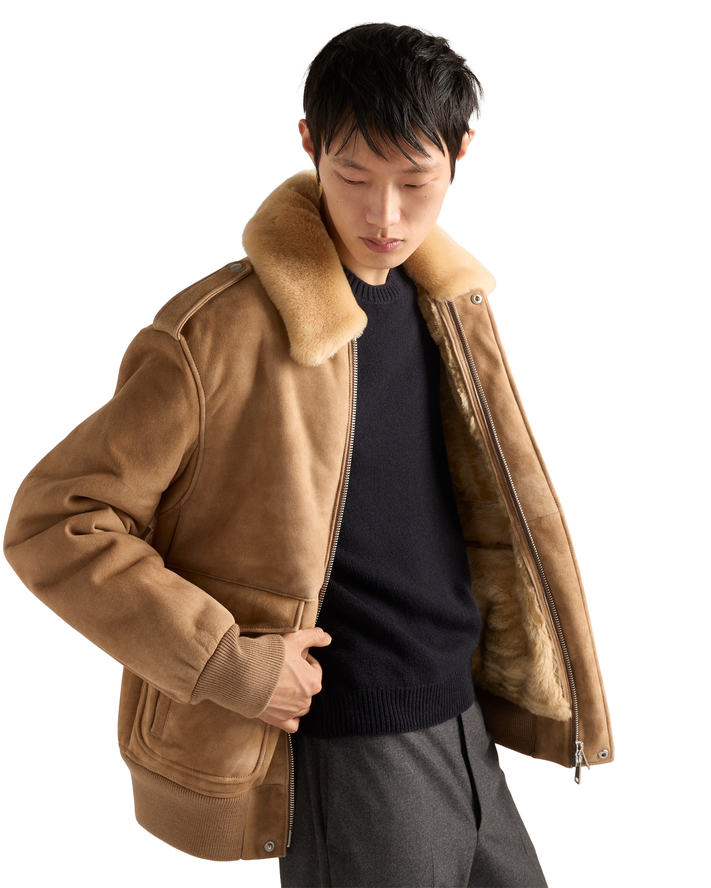 Prada Suede And Shearling Bomber Jacket In Black