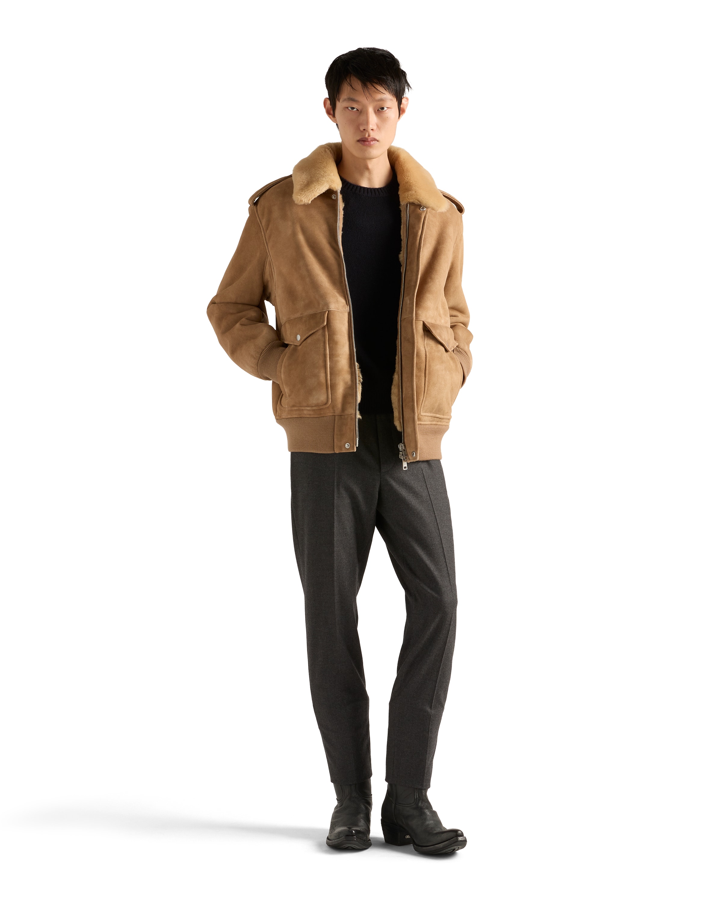 Prada Suede And Shearling Bomber Jacket In Black